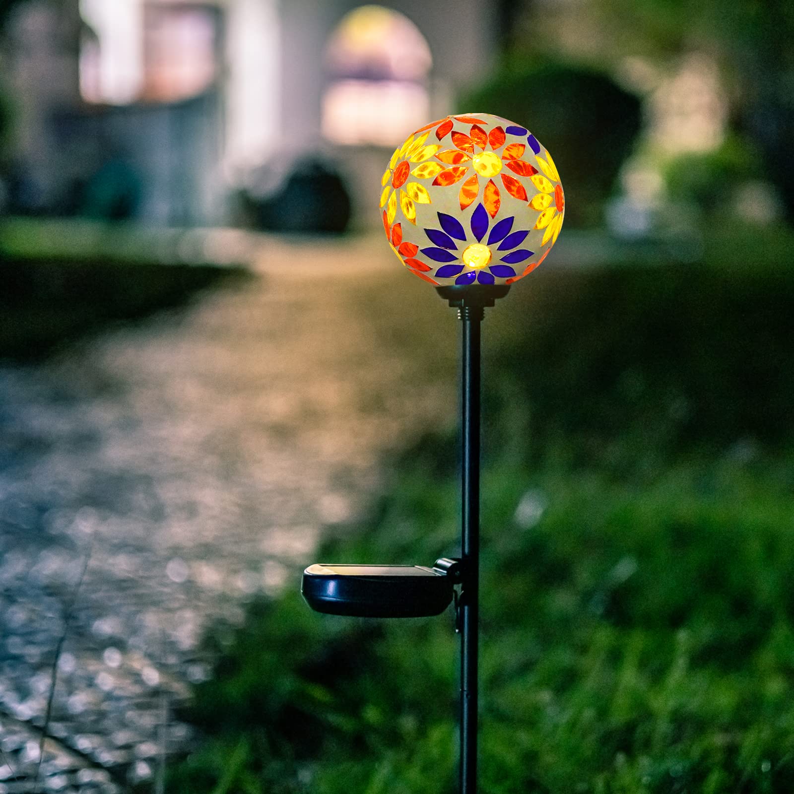 Solar Gazing Ball Mosaic Garden Stakes - Outdoor Solar Lights for Pathway, Yard & Lawn Decoration - Waterproof Flower Decorative Lights (Orange) - Perfect for Garden, Patio & Landscape Lighting