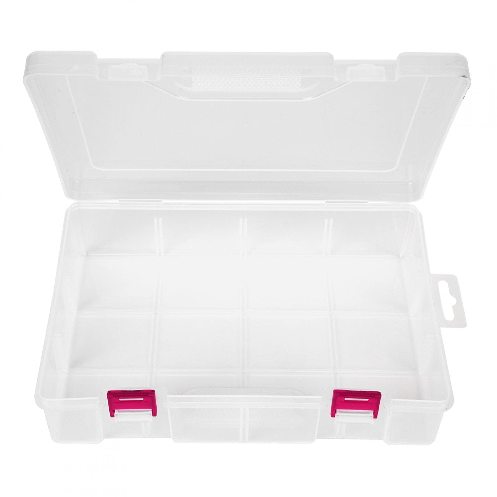 Clear Plastic Storage Box with Red Button - Desktop Organizer for Office, Home & School - Perfect for Organizing Pens, Papers & Small Items