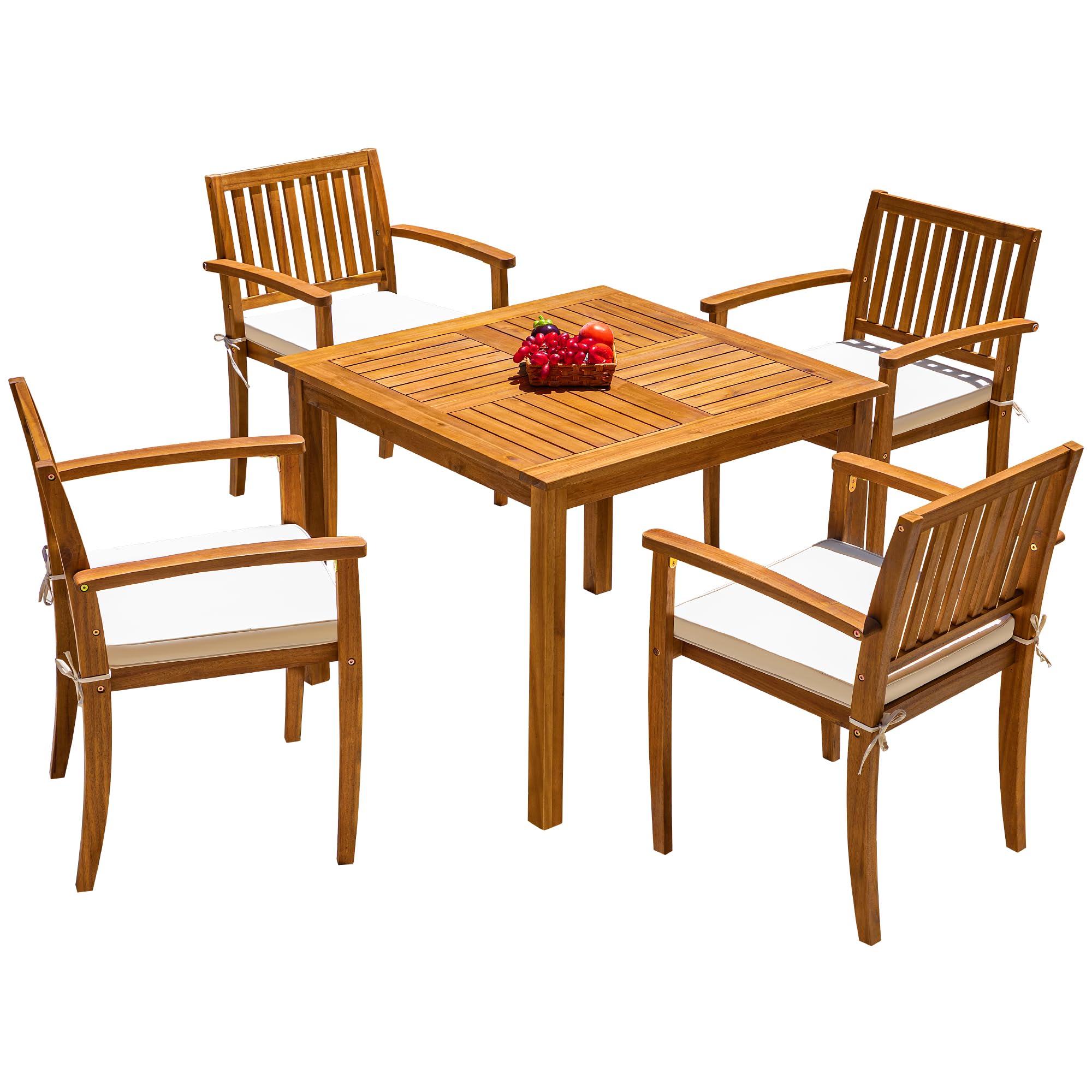 Premium 5-Piece Acacia Wood Outdoor Dining Set with Soft Cushions - Patio Table and Chairs for Deck, Backyard, Garden - Perfect for Al Fresco Dining, BBQs, and Outdoor Entertaining