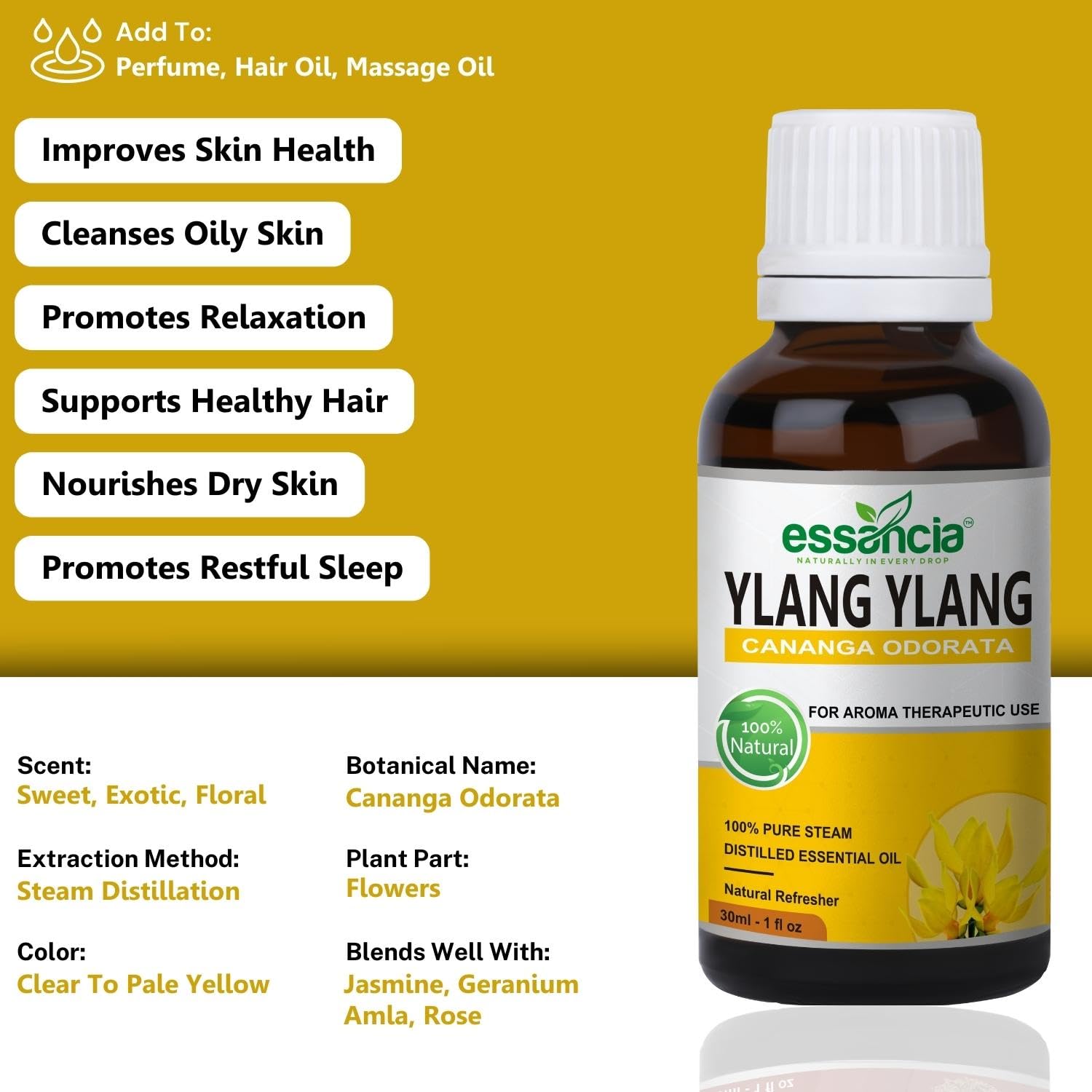 Pure Ylang Ylang Essential Oil - 100% Natural Undiluted Therapeutic Grade for Skin Care, Hair Growth, Aromatherapy & Relaxation | Face, Body, Diffuser Use | Promotes Sleep & Boosts Immunity (30ml) - Perfect for Spa, Massage & Home Wellness