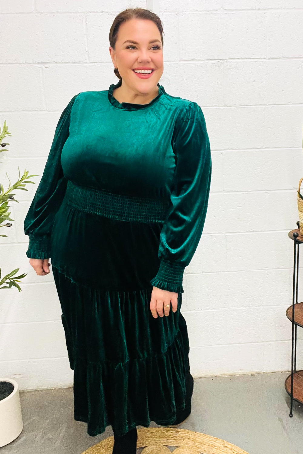 Holiday Dreaming Hunter Green Velvet Mock Neck Smocked Waist Dress for Women - Elegant Holiday Party & Christmas Dinner Outfit