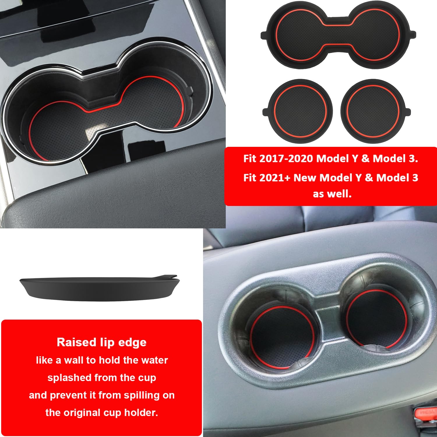 Custom Fit 3D Silicone Cup Holder Coasters for Tesla Model 3 (2017-2023) & Model Y (2020-2023) - Non-Slip Interior Accessories (Red, 3-Pack) | Perfect for Coffee, Drinks & Protecting Your Tesla's Console