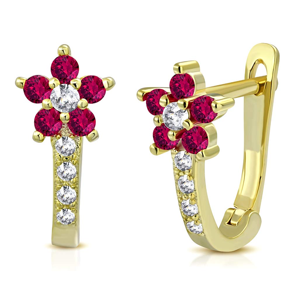 925 Sterling Silver Yellow Gold-Tone Floral Huggie Earrings with CZ Stones for Girls - Perfect for School, Parties & Everyday Wear (0.5