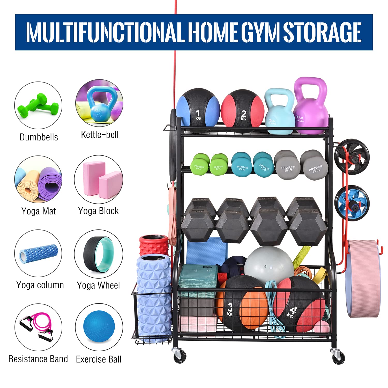 Mythinglogic Adjustable Dumbbell Rack with Wheels - Heavy Duty Home Gym Storage Organizer for Dumbbells, Kettlebells & Yoga Mats - Space Saving Workout Equipment Rack with Hooks - Perfect for Garage, Basement & Home Fitness Rooms