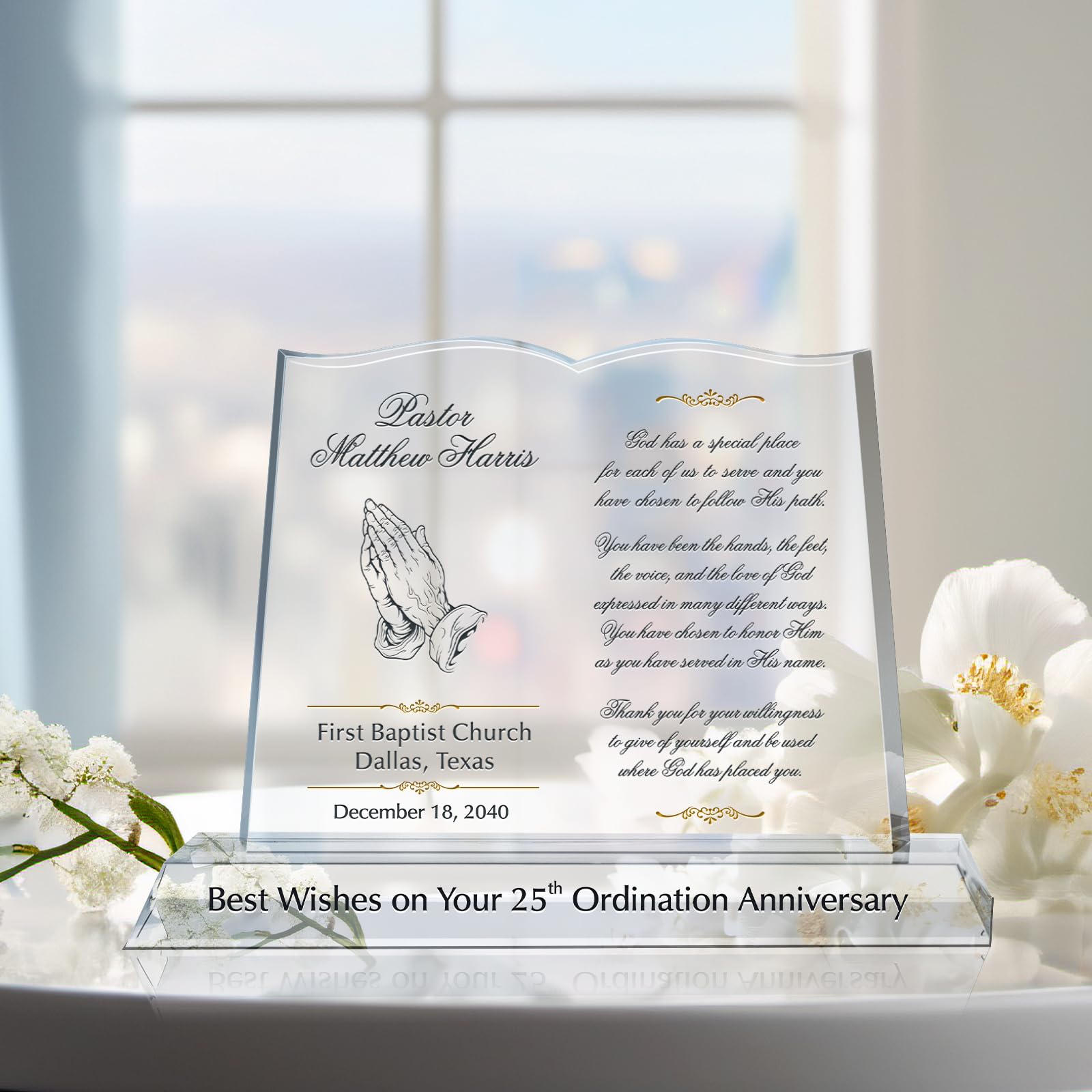 Custom Engraved Crystal Bible Plaque - Personalized with Pastor & Church Name - 12 Inch Minister Appreciation Gift for Priests & Clergy - Perfect for Ordination, Retirement & Religious Ceremonies