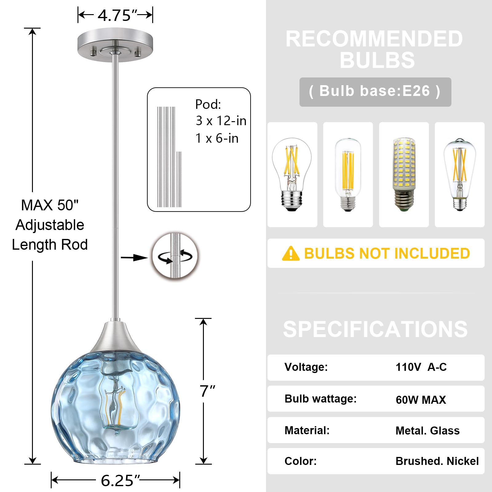 3 Pack Clear Hammer Blue Glass Pendant Lights - 6.3