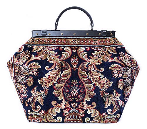 Large Vintage-Style Carpet Bag SAC-VOYAGE Blossom Navy - Mary Poppins Inspired Magical Travel Bag with Leather Handle for Women, Perfect for Travel, Cosplay & Everyday Use