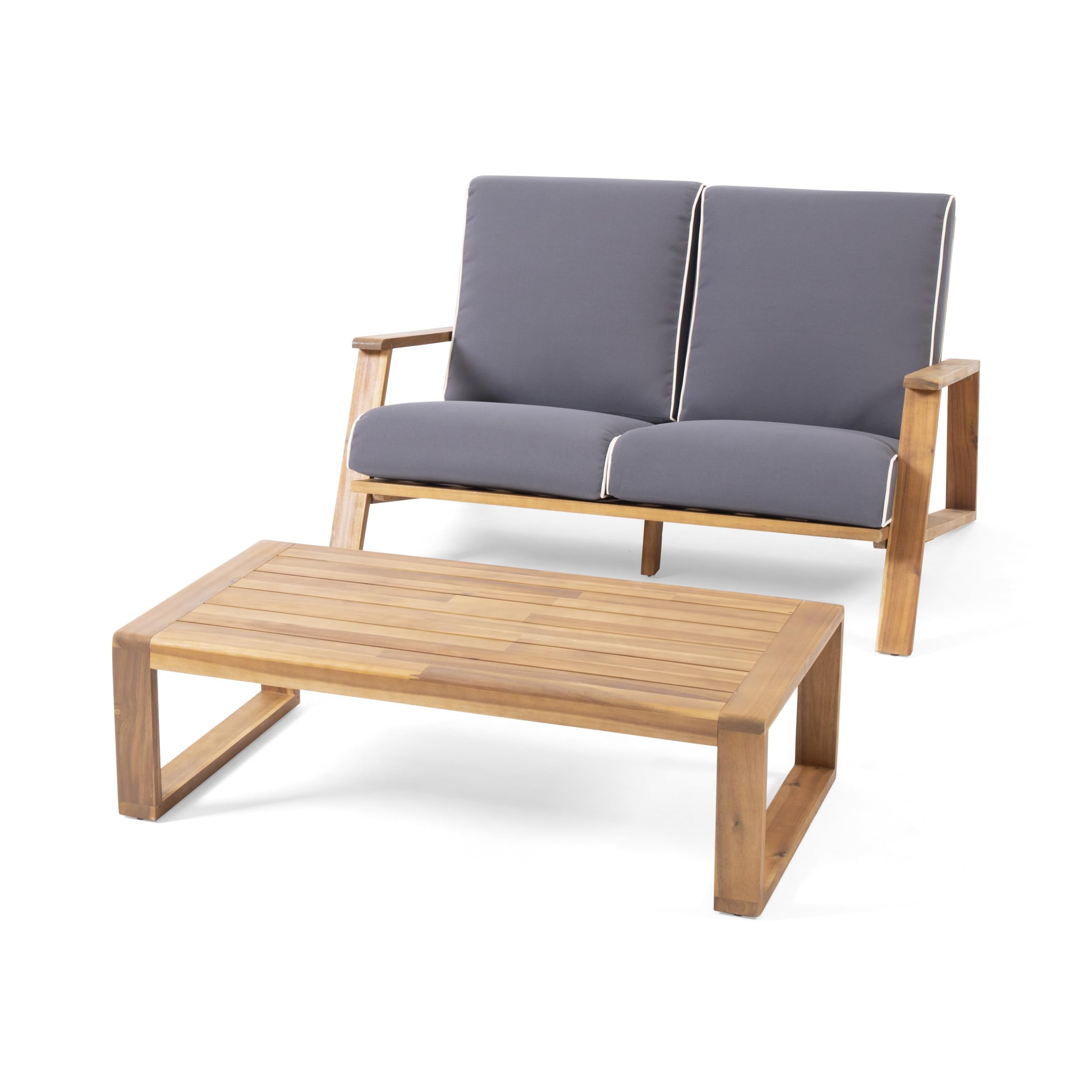 Christopher Knight Home Eartha Outdoor Loveseat Set with Coffee Table - Teak Finish Dark Gray Patio Furniture for Garden, Poolside & Backyard Relaxation