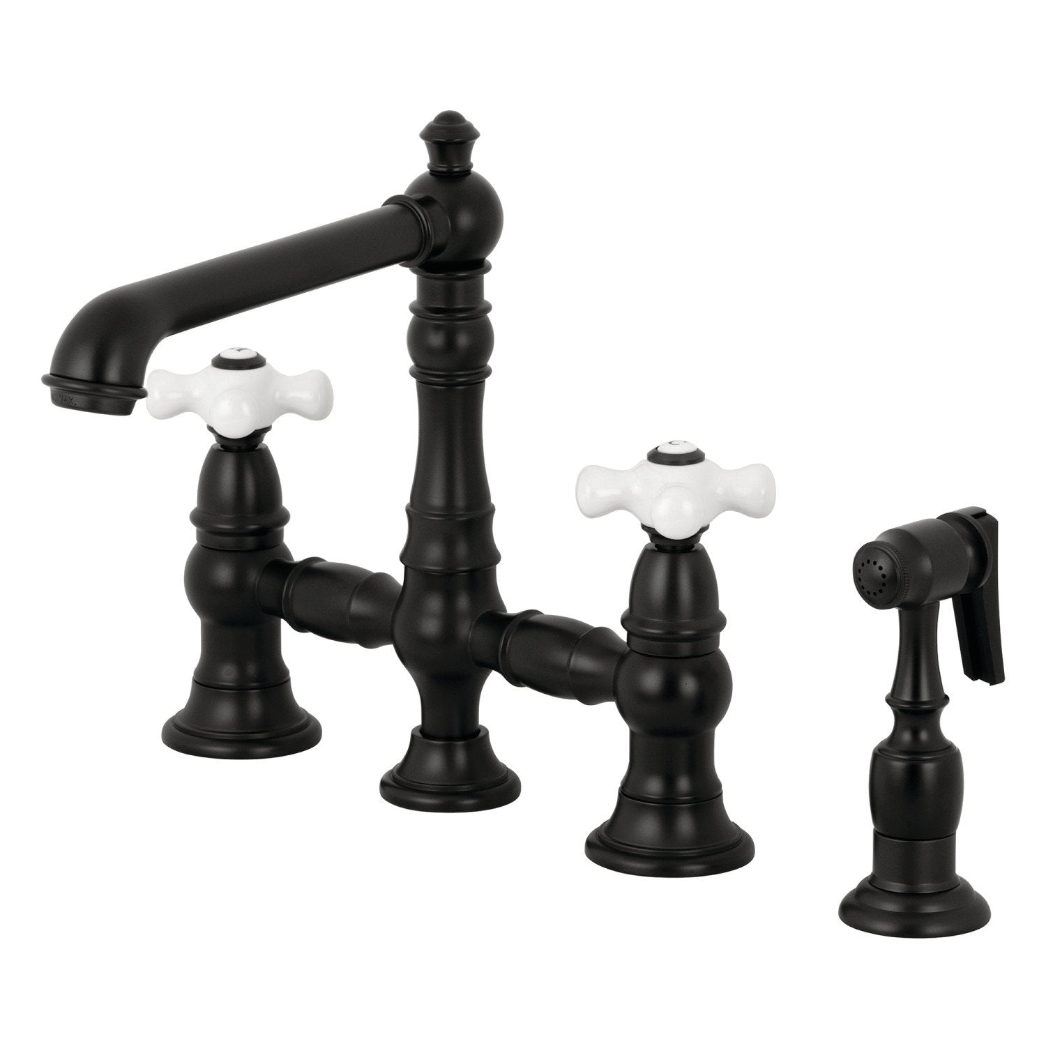 English Country Style Two-Handle 4-Hole Deck Mount Bridge Kitchen Faucet with Brass Side Sprayer - Perfect for Farmhouse & Vintage Kitchen Renovations