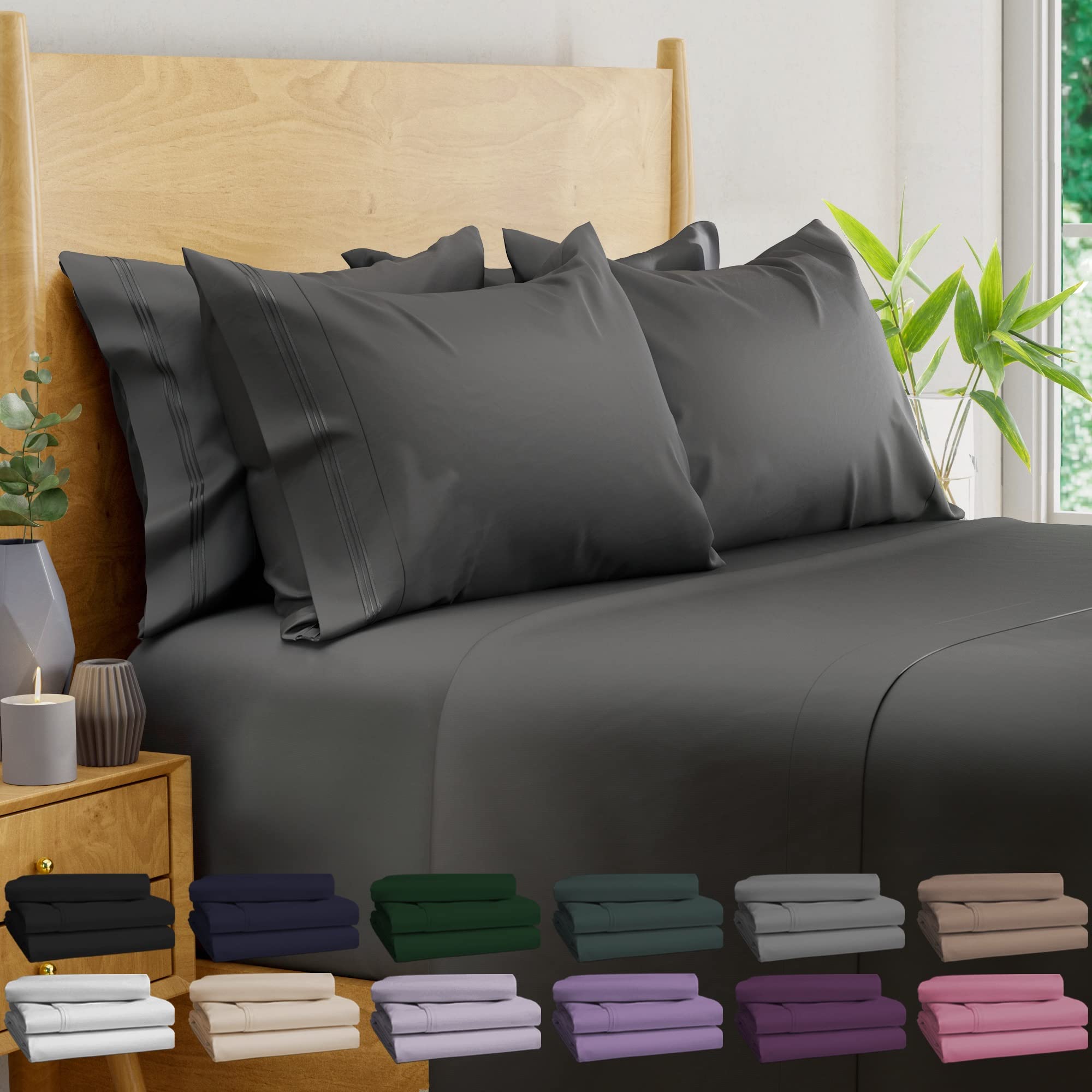 BAMPURE 100% Organic Bamboo Sheets King Size - 6PC Luxury Bedding Set (1 Flat Sheet, 1 Fitted Sheet, 4 Pillowcases) - Ultra Soft & Cooling - Fits Mattress Up to 16