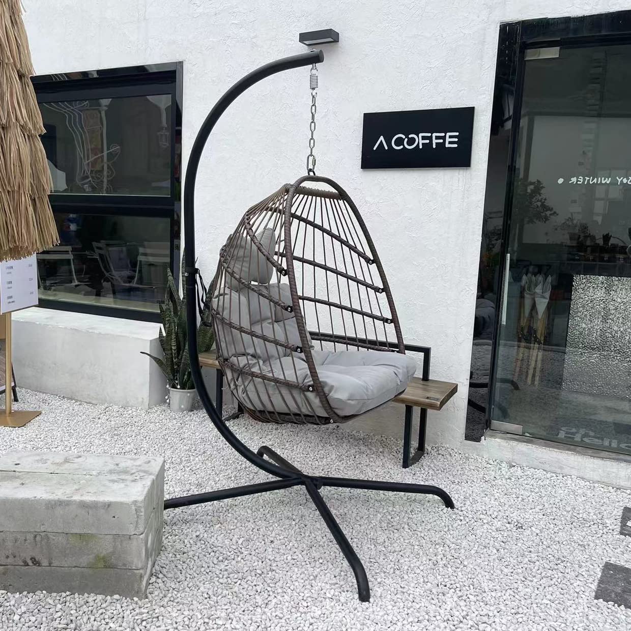 Hanging Swing Egg Chair with Stand - Indoor/Outdoor Wicker Rattan Patio Basket Chair with Cushion & Pillow - 350LBS Capacity Metal Frame Hammock - Perfect for Porch, Garden, Backyard & Balcony Relaxation (Brown)