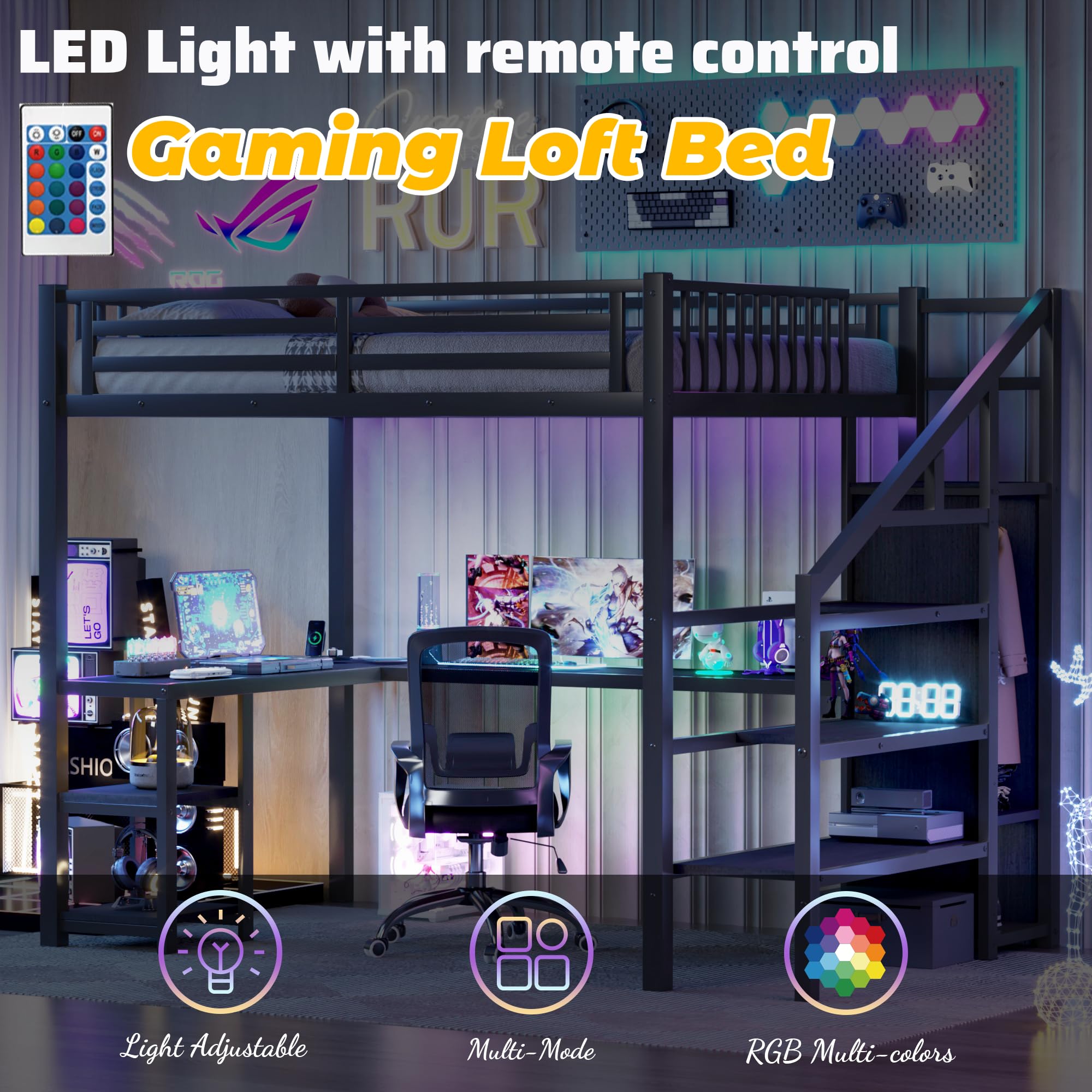 Full Size Metal Loft Bed with Stairs, Desk & RGB LED Lights - Heavy Duty Steel Gaming Loft Bed Frame with Storage Wardrobe, Shelves & Charging Station for Adults, Teens & Kids - Perfect for Small Spaces, Dorm Rooms & Gaming Setups (Black)