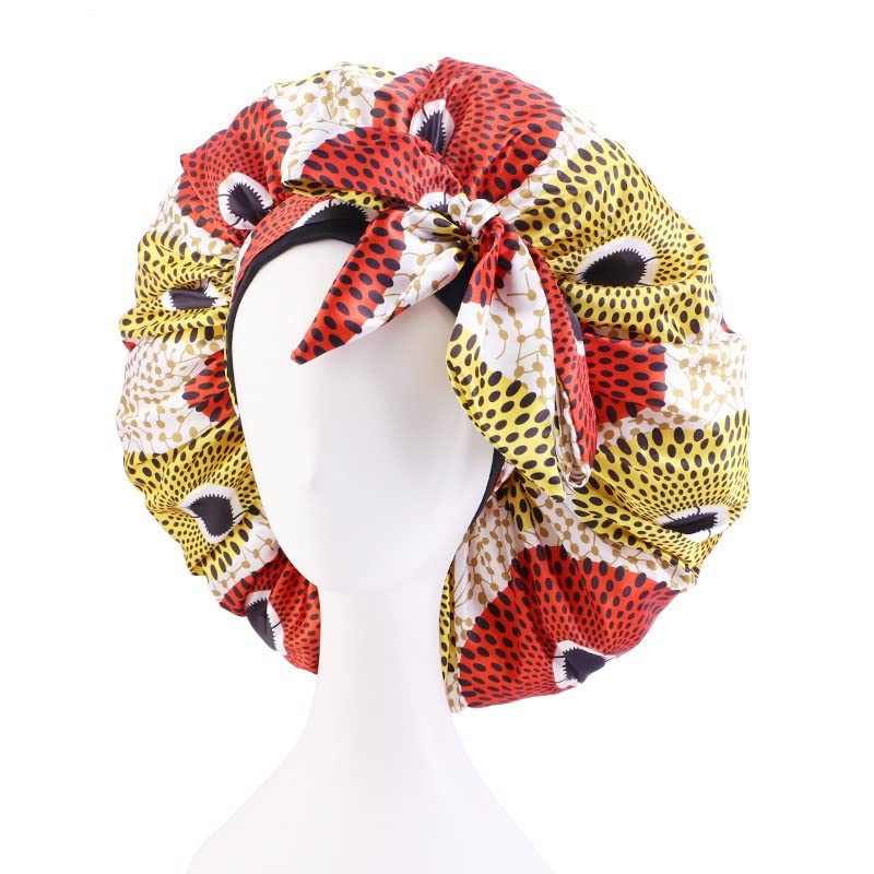 Extra Large African Print Satin Bonnet for Women - Adjustable Sleep & Shower Hair Wrap Cap - Soft Nighttime Hair Protection - Perfect for Curly, Natural & Protective Hairstyles (One Size, Color F) - Ideal for Bedtime, Travel & Salon Visits