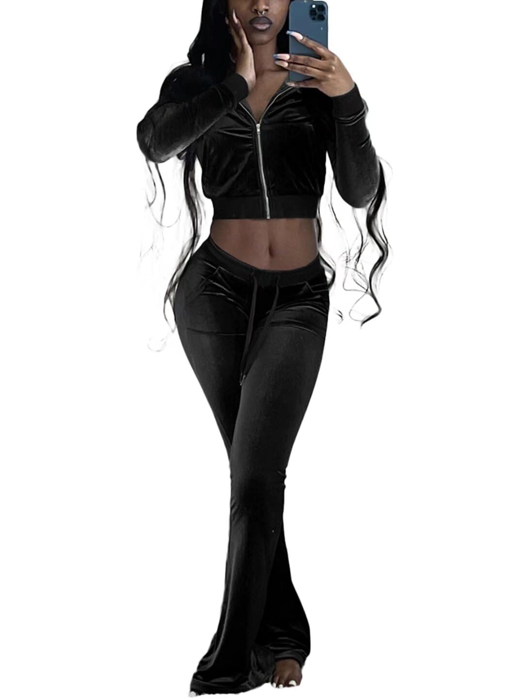 Women's 2-Piece Velour Tracksuit Set - Crop Jacket & Flare Pants | Lounge Wear, Gym Outfits & Street Style Fashion for Comfort & Style