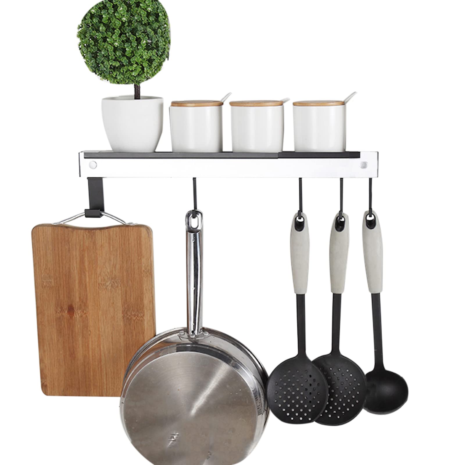 40cm Aluminum Wall Mount Kitchen Utensil Rack - No Drill Adhesive Storage Organizer with Hooks for Kitchen & Bathroom - Perfect for Spice Jars, Cooking Tools & Bathroom Essentials