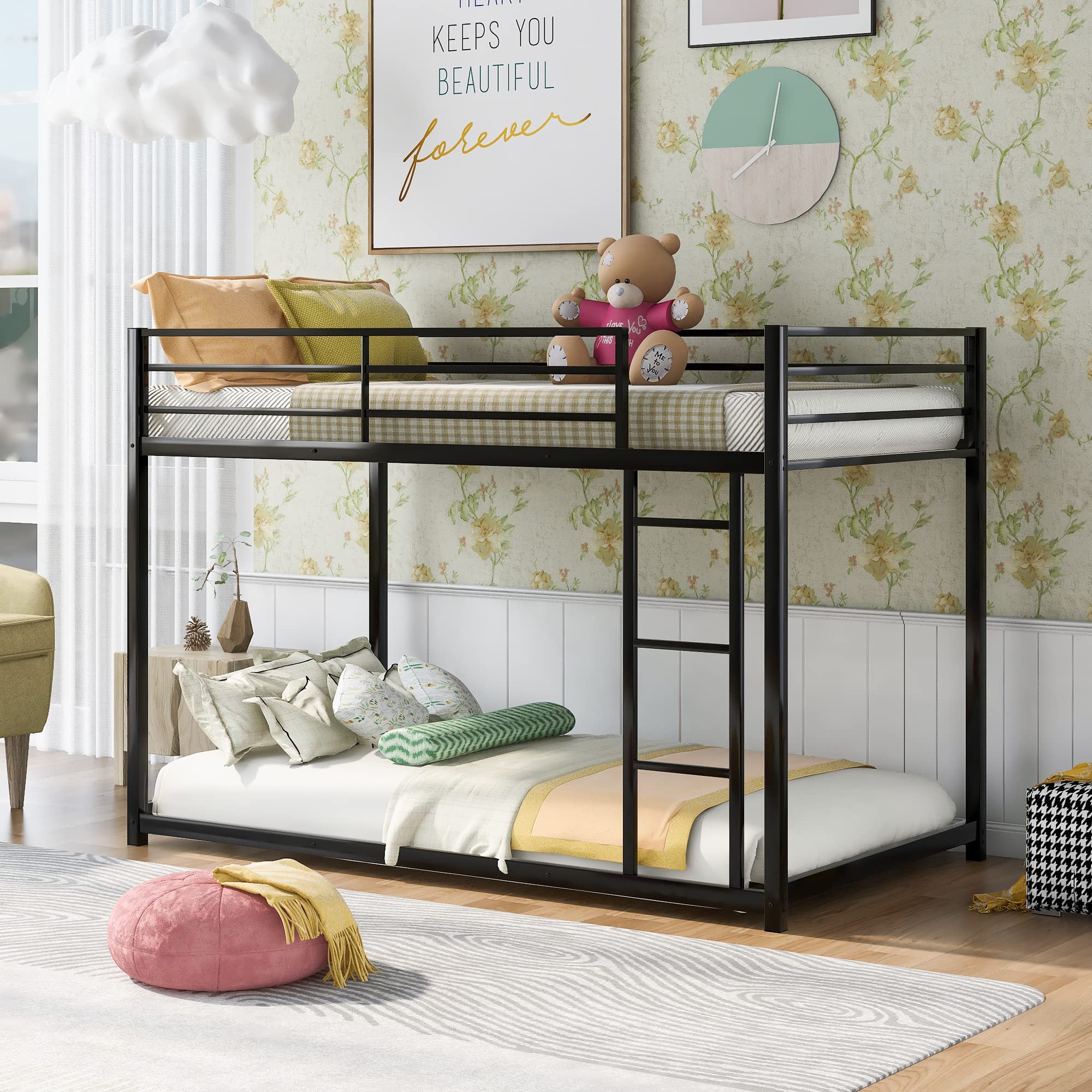 Sturdy Metal Twin Over Twin Bunk Bed Frame with Safety Guard Rails & Ladder - Heavy Duty Bunk Bed for Kids, Teens & Adults - No Box Spring Needed (Black) - Perfect for Small Spaces, Dorms, Guest Rooms & Kids' Bedrooms