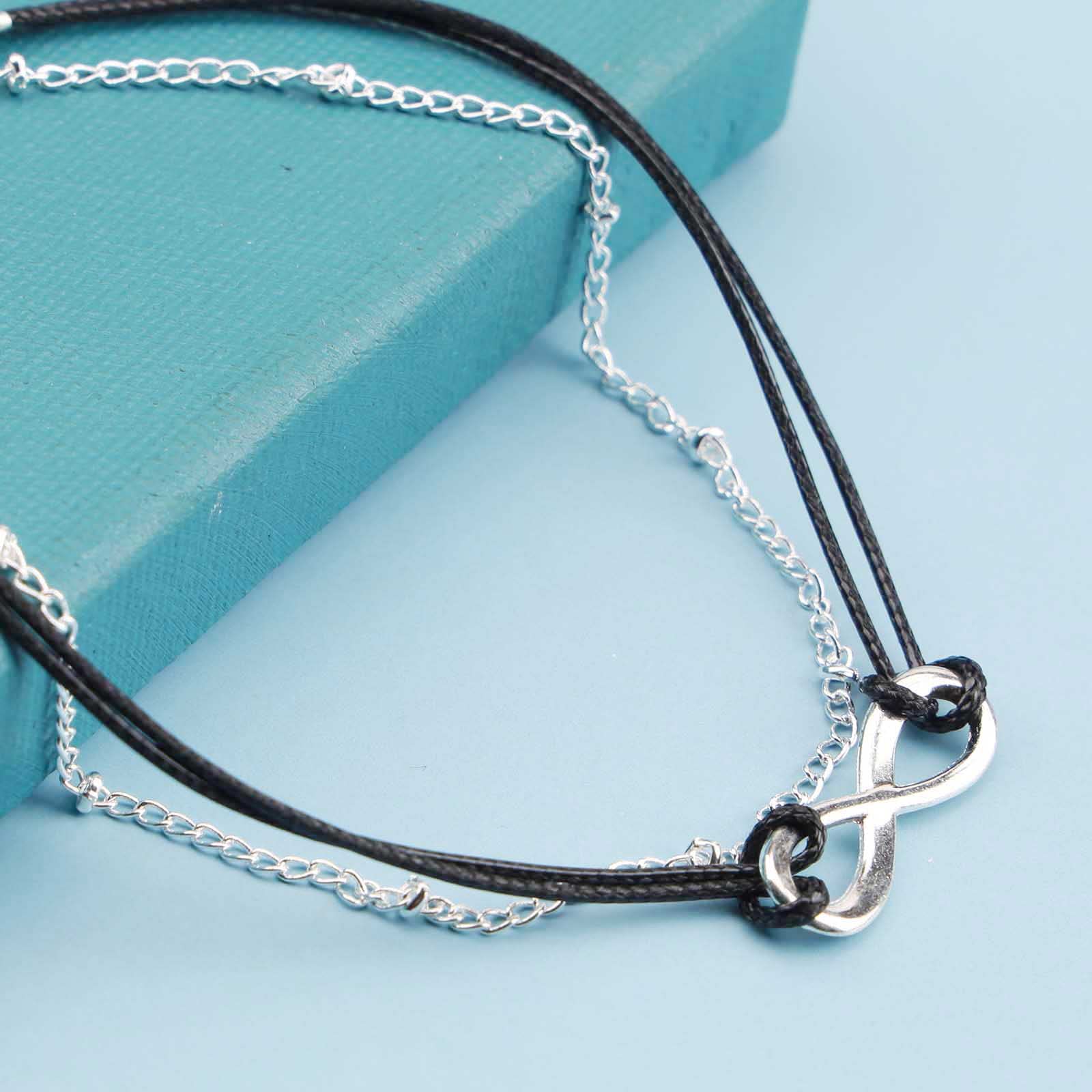 Boho Layered Infinity Ankle Bracelet - Silver Satellite Anklet with Black Rope Chain, Retro Foot Jewelry for Women, Personalized Summer Gift | Perfect for Beach Vacations, Music Festivals & Boho Fashion