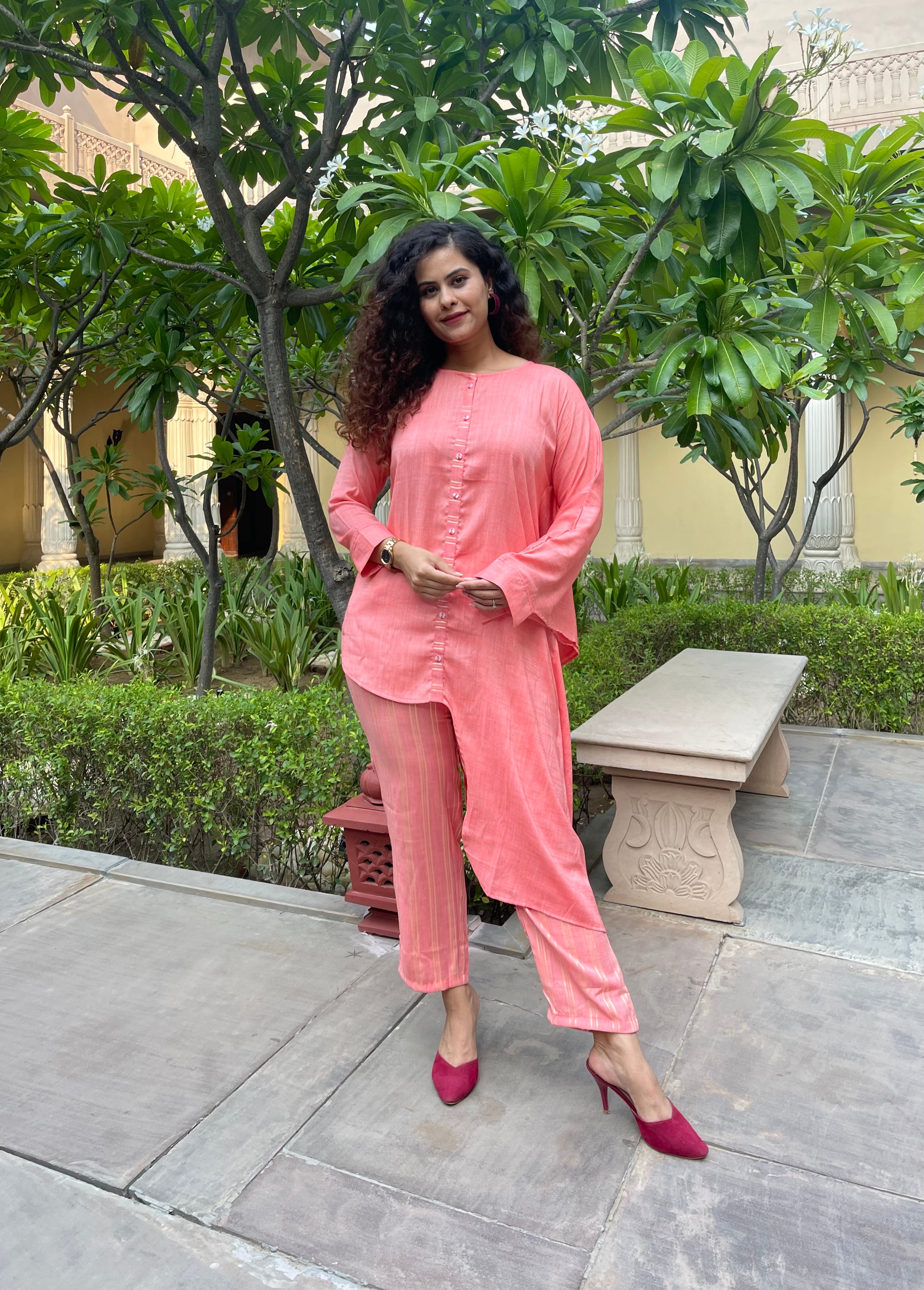 Stylish Pink Asymmetric Cotton Co-Ord Set for Women | Trendy Two Piece Outfit | Perfect for Casual Wear, Beach Outings & Summer Fashion