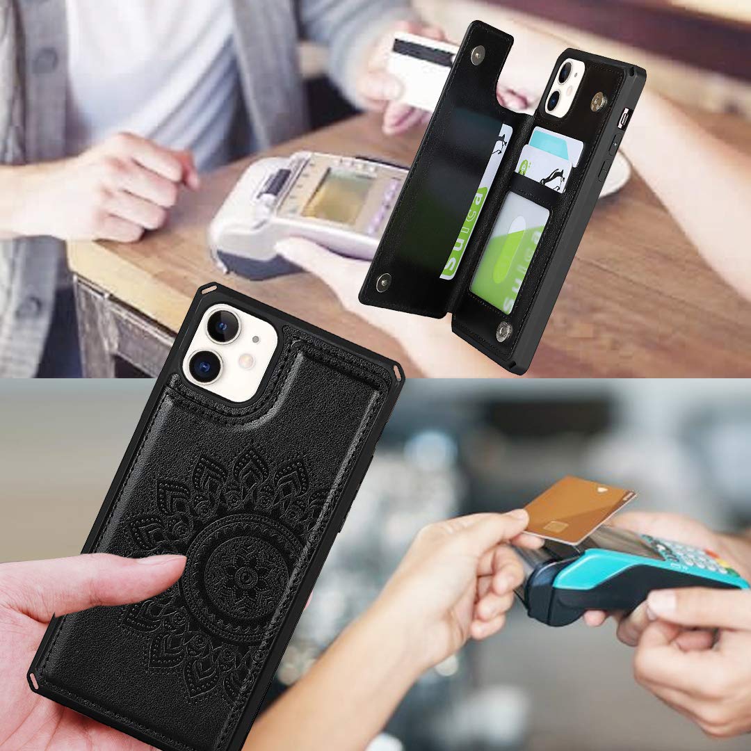 Premium Leather Wallet Case for iPhone 11 with Card Holder & Wrist Strap - Shockproof Protective Cover with Stand Feature (Black) | Perfect for Daily Commute, Travel & Hands-Free Convenience