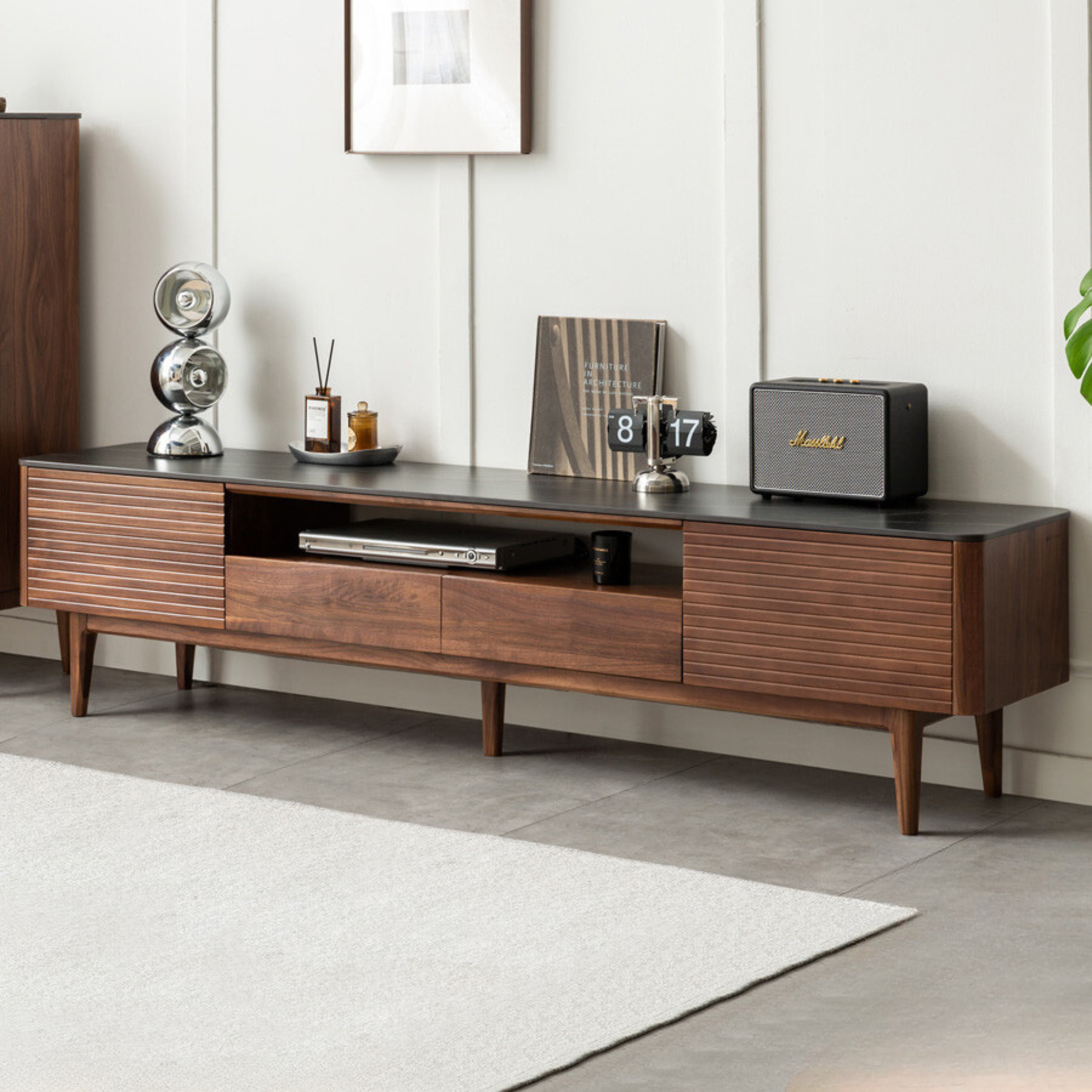 Black Walnut Solid Wood TV Stand with Slate Top - Rustic Modern Entertainment Center for Living Room, Bedroom & Home Theater