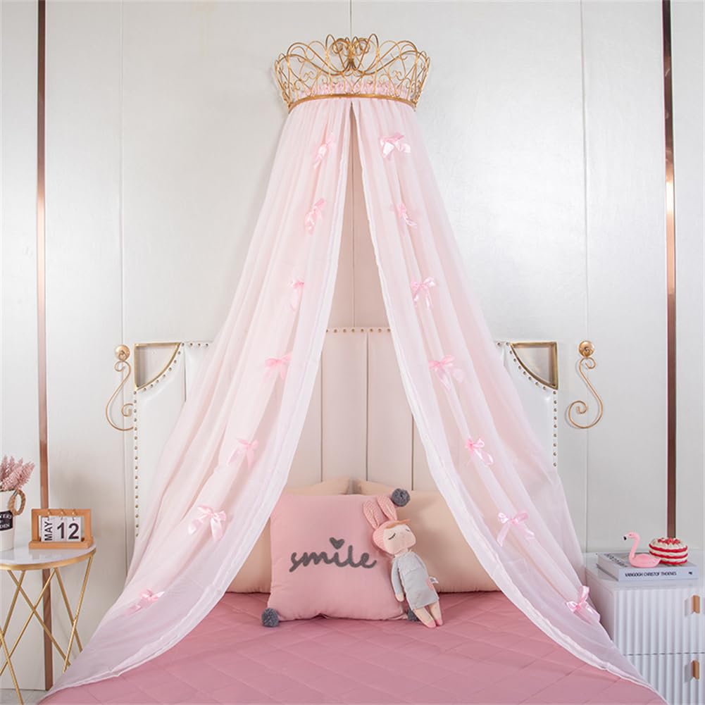 Lotus Karen Princess Bed Canopy - Pink Chiffon Girls Bed Curtain with Metal Crown & Bow Knots, Decorative Drapery for Kids Room, Perfect for Princess-Themed Bedrooms & Birthday Decorations