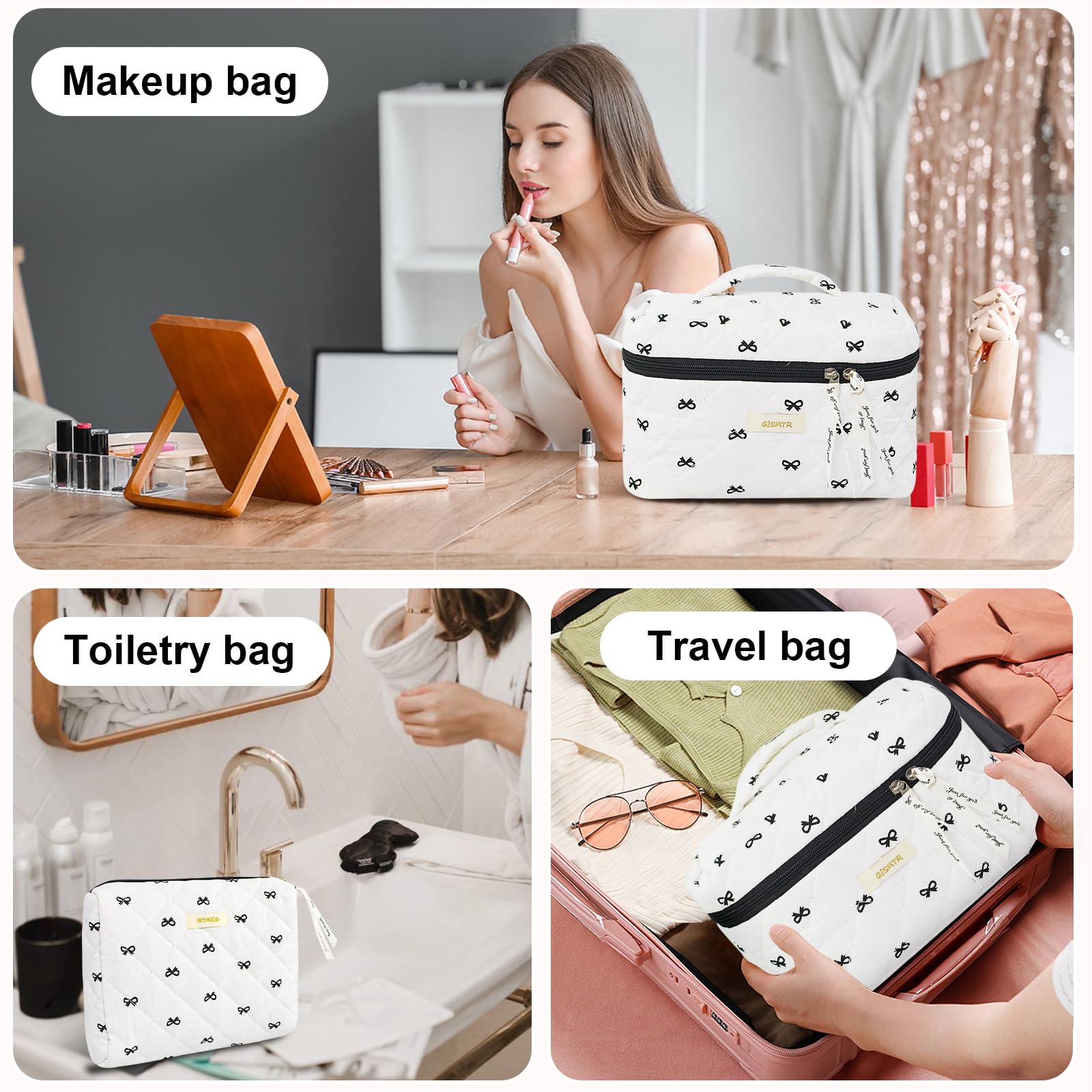 3PC Quilted Makeup Bag Set - Large Cotton Cosmetic Organizer for Travel & Toiletries