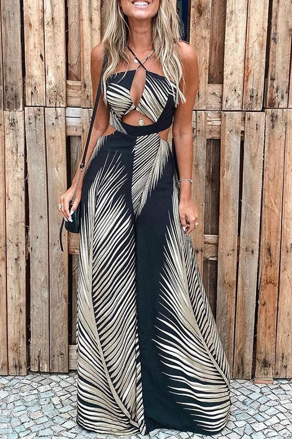 Tropical Palm Leaf Print Cutout Elastic Waist Flare Jumpsuit for Women - Summer Beach Vacation Outfit, Boho Chic Party Wear
