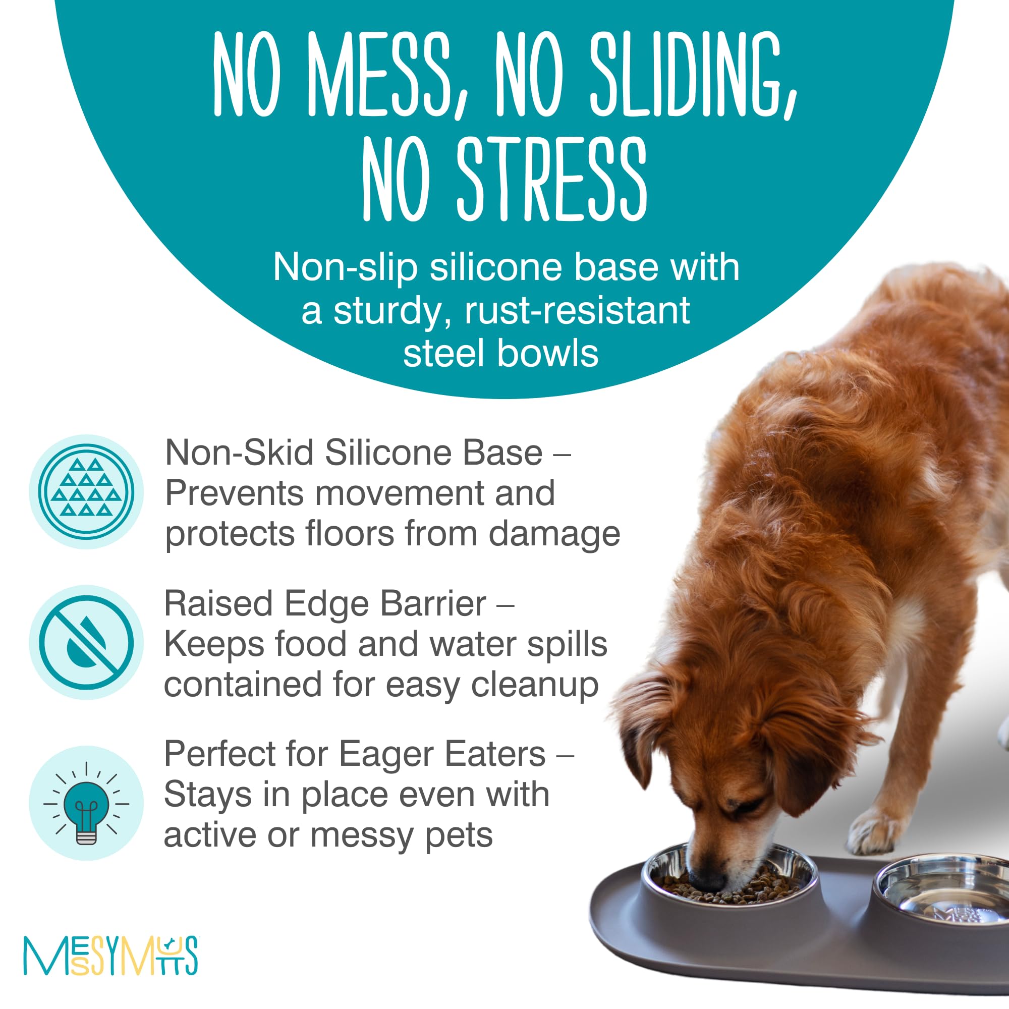 Messy Mutts Double Silicone Feeder with Stainless Steel Bowls - Non-Slip Pet Food Dish for Dogs & Cats - Large 3-Cup Capacity - Grey - Perfect for Mealtime & Travel Use