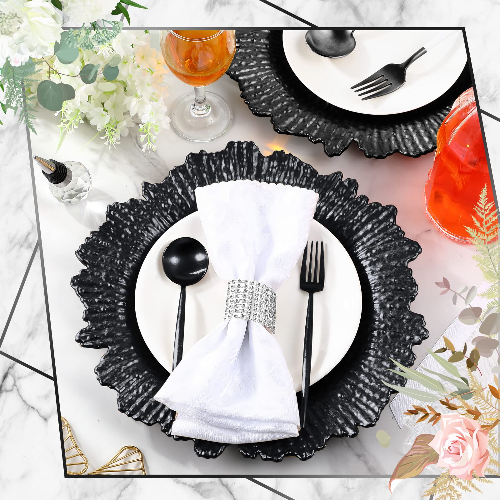 50 Pcs 13 Inch Black Plastic Wedding Charger Plates with Floral Reef Design - Decorative Round Ruffled Rim Dinner Plates for Wedding, Party, Event Table Setting - Elegant Tableware for Bridal Showers, Banquets & Formal Dining Decorations