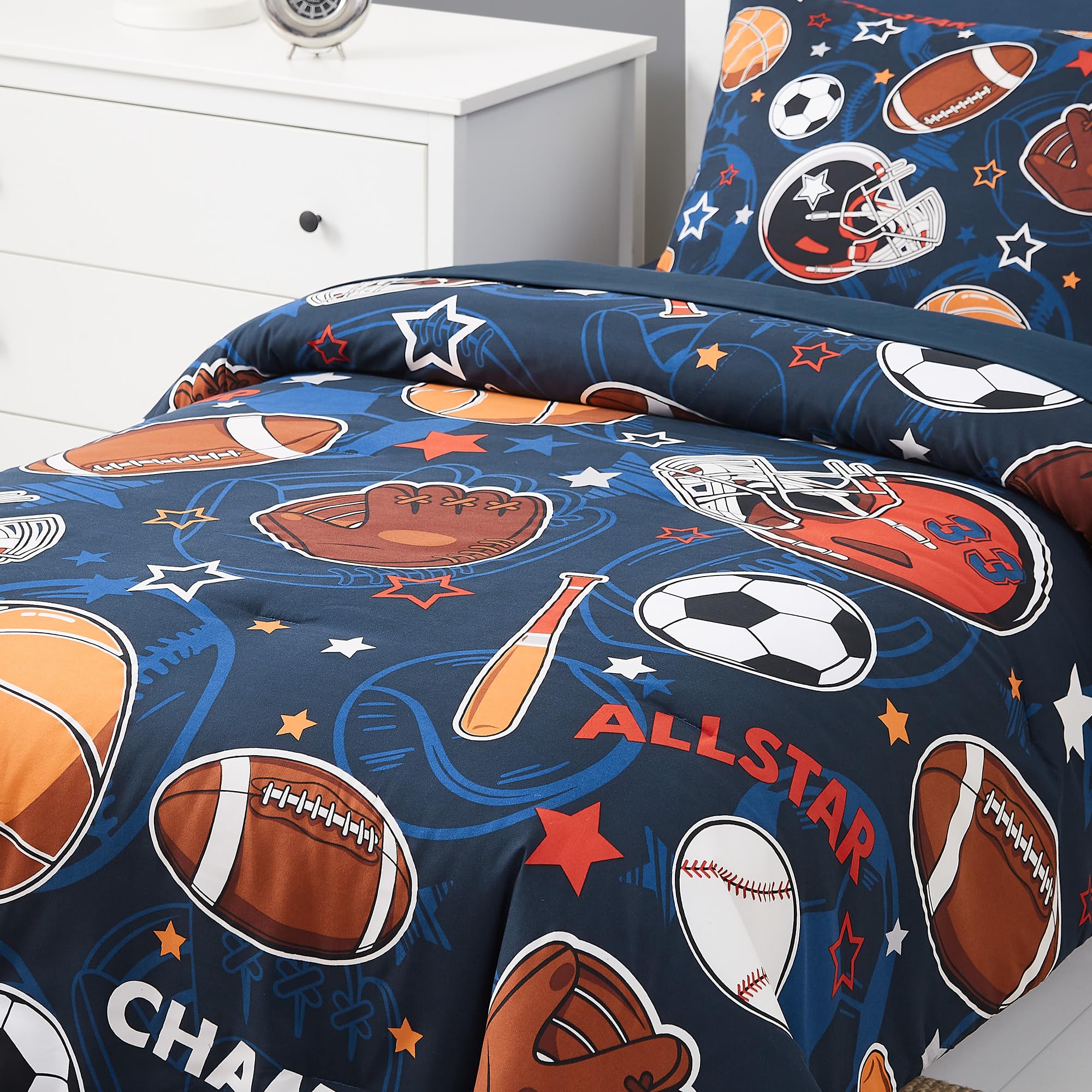 5-Piece Twin Kids Comforter Set for Boys & Girls - Glow in The Dark Sports Ball Design, Includes Sheets & Bedding - Perfect for Teen Bedrooms, Sleepovers & Game Room Decor