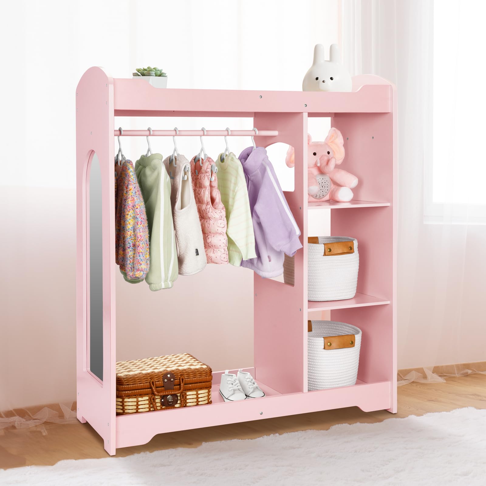 Kids Clothes Rack with Mirror & Armoire - Adjustable Height Children's Wardrobe with Anti-Tip Safety Feature - Toddler Closet Organizer for Bedroom & Nursery - Perfect for Teaching Kids Independence & Clothing Organization