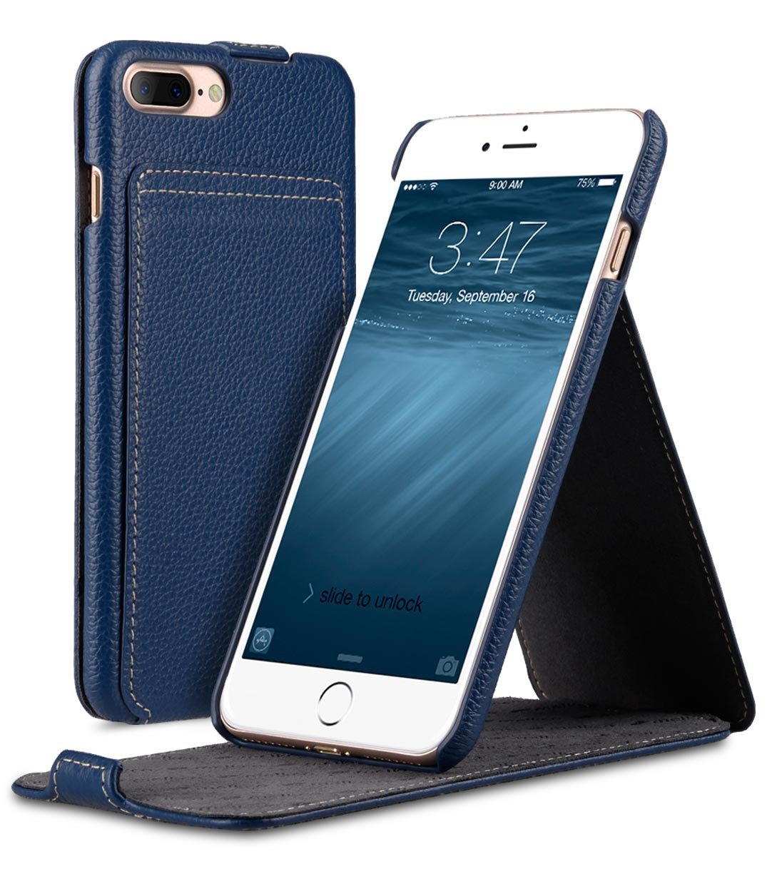 Premium Genuine Leather Case for Apple iPhone 8 Plus/iPhone 7 Plus (5.5 Inch) - Jacka Stand Design in Dark Blue - Perfect for Work, Travel & Everyday Protection
