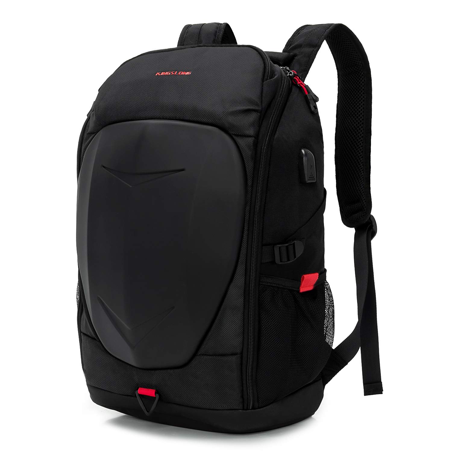 KINGSLONG 17 Inch Laptop Backpack with Hardshell Protection - USB Charging Port & Waterproof Rain Cover - Lightweight Armored Backpack for Motorcycle, Outdoor Racing, Travel & Daily Commute (Black)