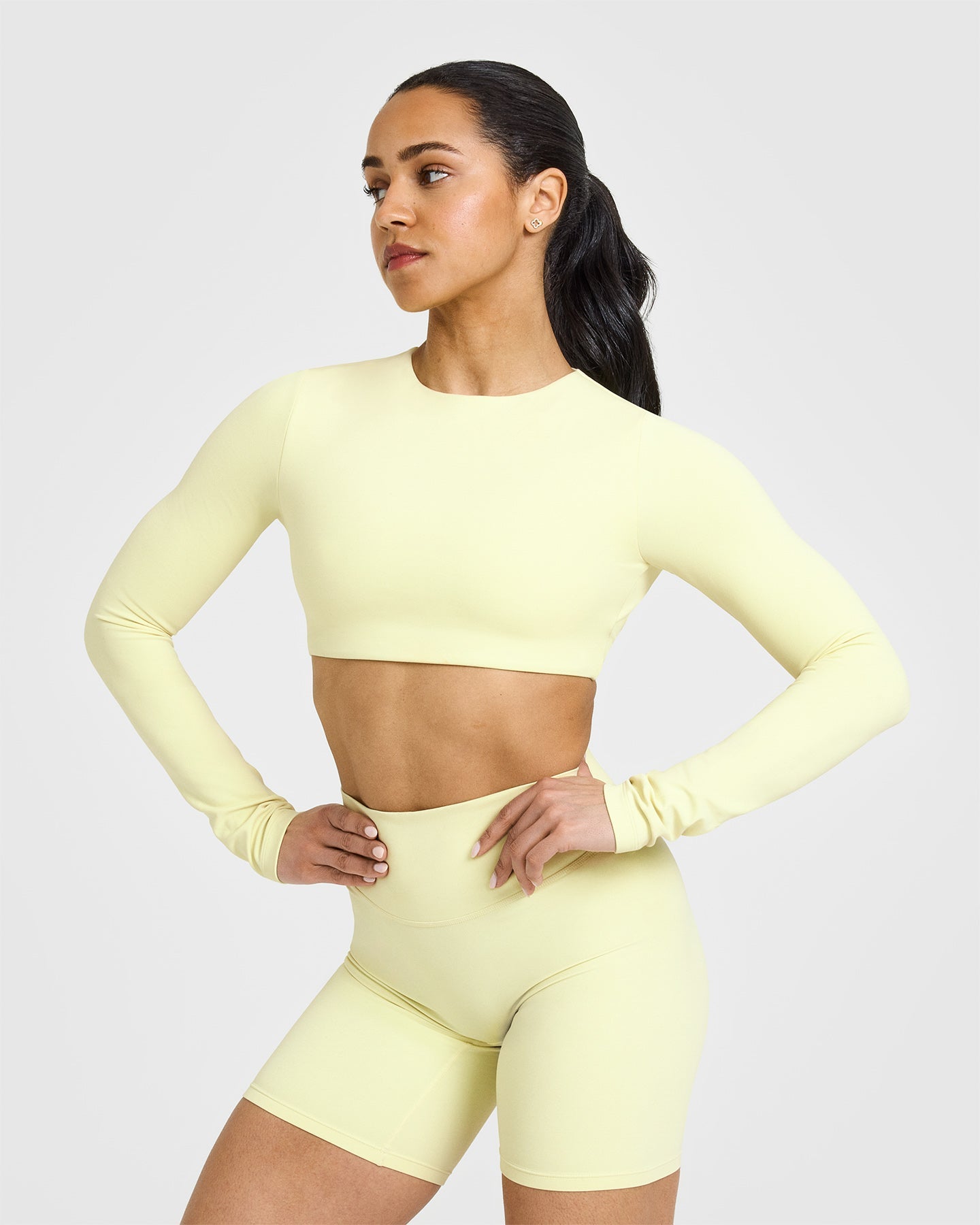 SoftMotion™ Long Sleeve Crop Top for Women - Stretchy Comfort Fit Pastel Yellow Shirt | Perfect for Yoga, Workouts & Casual Wear