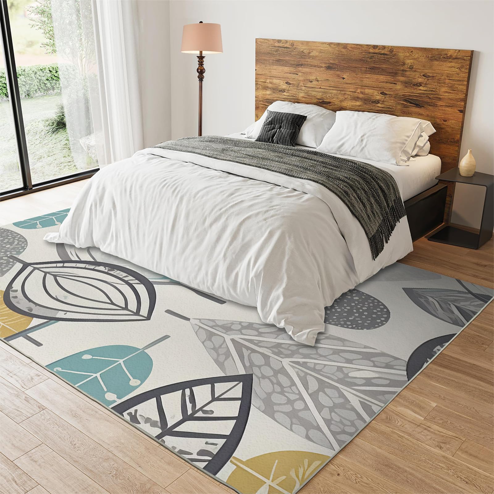 Exotic Leaves Print Area Rug - Light Grayish Yellow & Mint Green Soft Non-Slip Washable Foldable Rug (5x8ft) for Living Room, Nursery, Dorm, Bedroom & Dining Room | Perfect for Kids Play Area & Home Decor