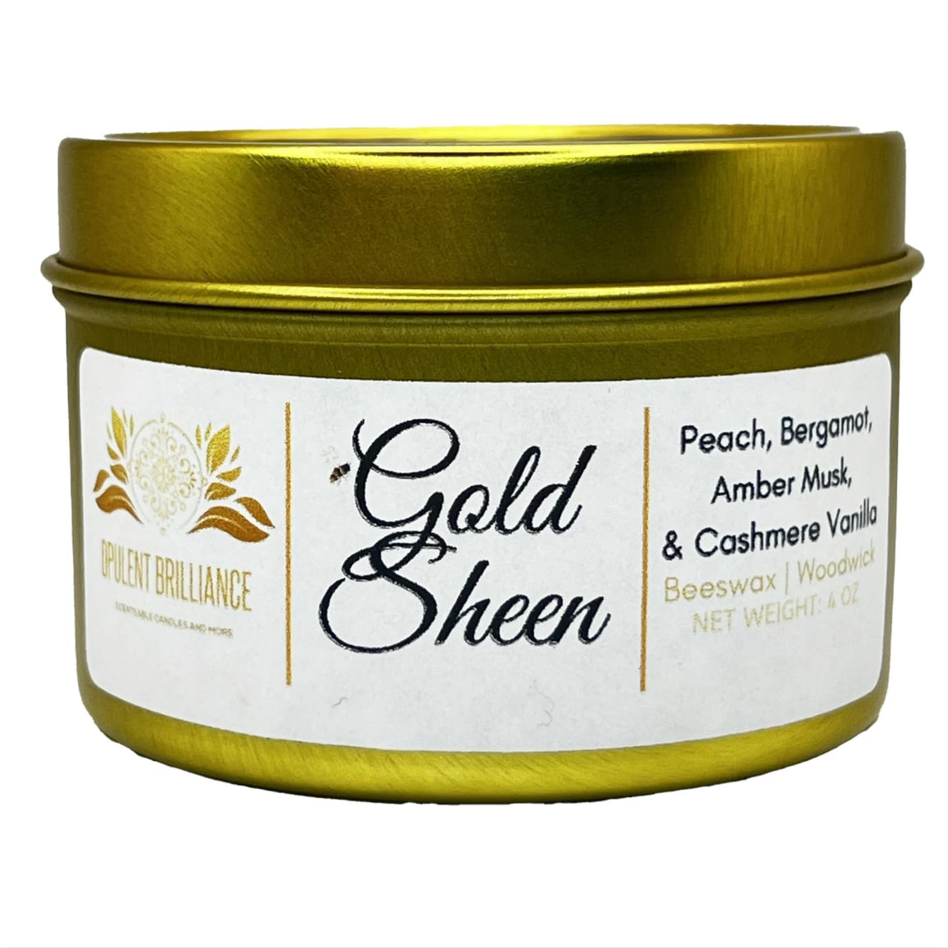 Organic Beeswax Woodwick Candle - Vanilla, Peach & Bergamot Scent | Gold Sheen Aromatherapy Candle | 4 oz Luxury Scented Candle for Home Relaxation, Spa & Romantic Ambiance