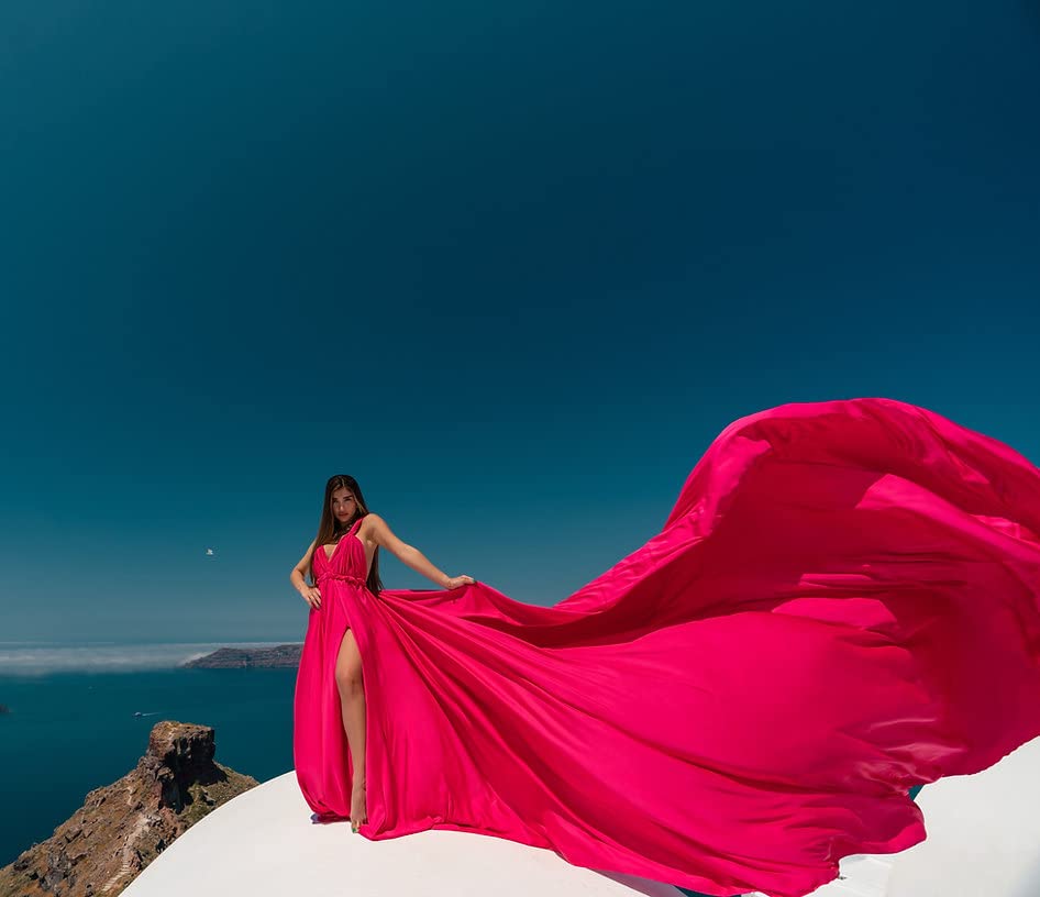 Elegant Long Flying Dress for Photoshoots - Flowy Satin Gown with Train | Santorini Photo Dress | Perfect for Beach Weddings, Maternity Photos & Vacation Photography