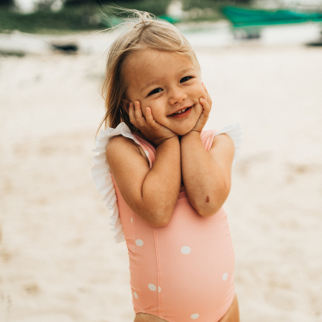 Mini Ruffle One Piece Swimsuit - Pink Dottie Print | Women's Bathing Suit for Beach, Pool & Summer Vacation