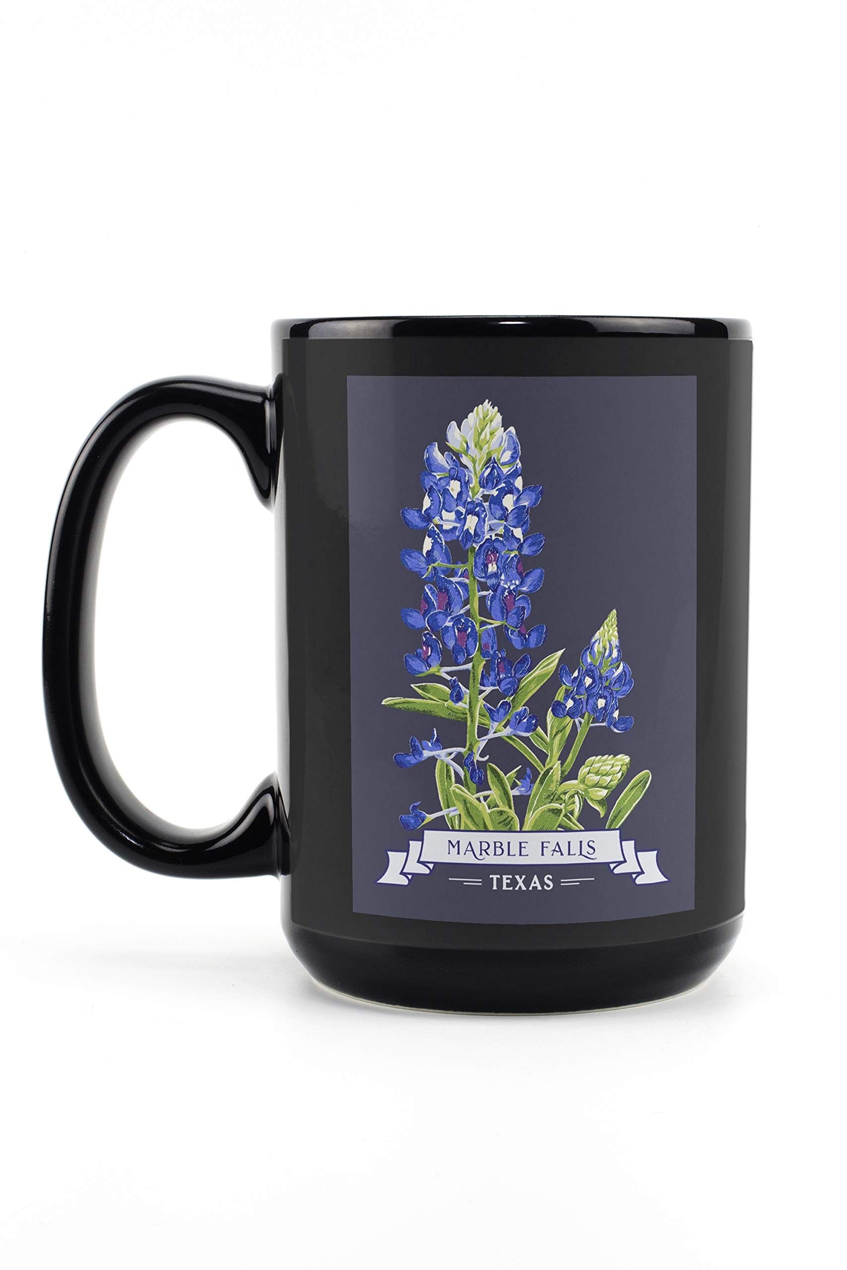Bluebonnet Letterpress Contour 15oz Black Ceramic Coffee Mug - Dishwasher & Microwave Safe - Perfect for Home, Office & Gifts - Marble Falls Texas Inspired Design
