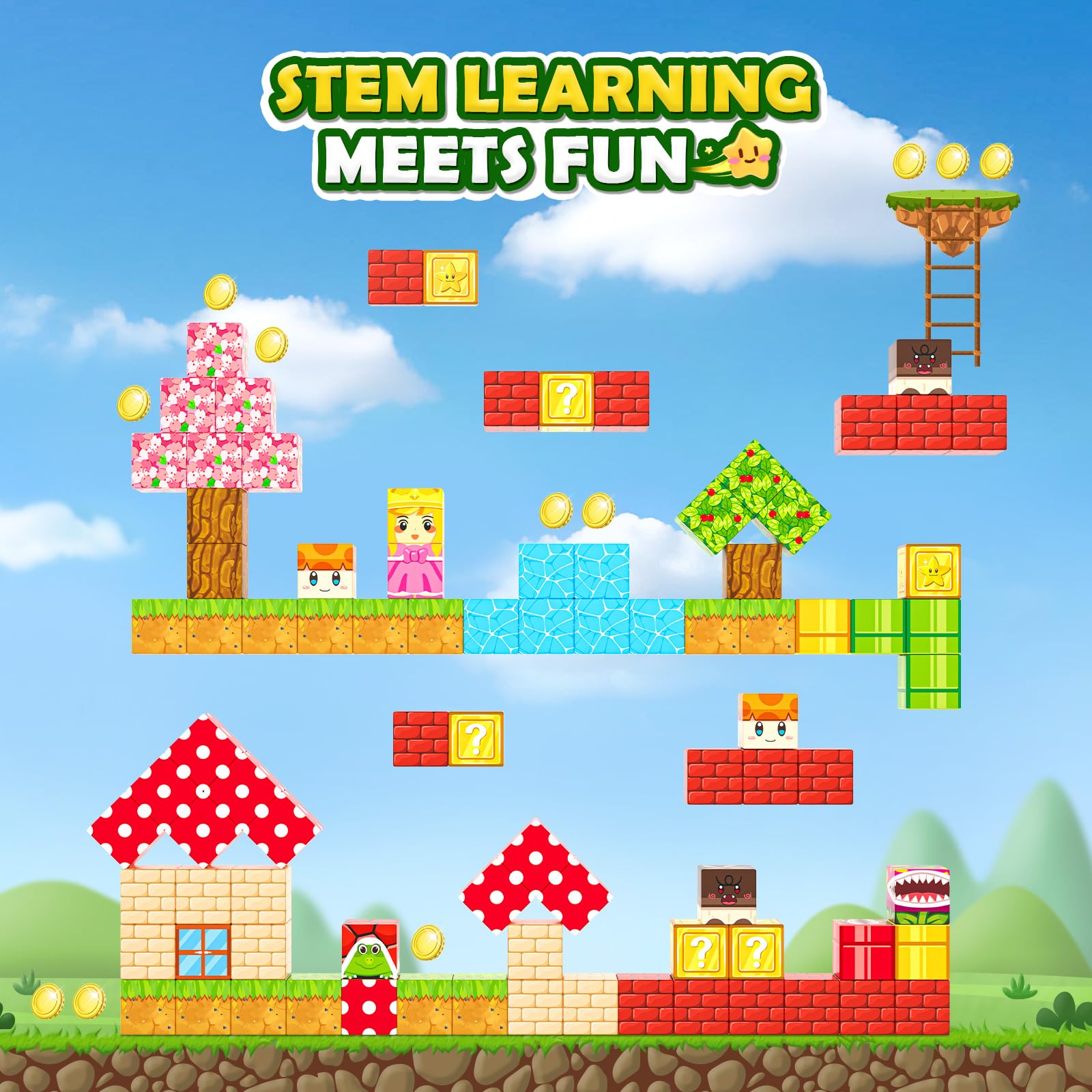 1'' Magnetic Building Blocks for Toddlers - STEM Educational Toys for Kids Ages 3+, Creative Construction Set with Magic Teleport Pipes | Perfect for Indoor Play, Classroom Learning & Sensory Development