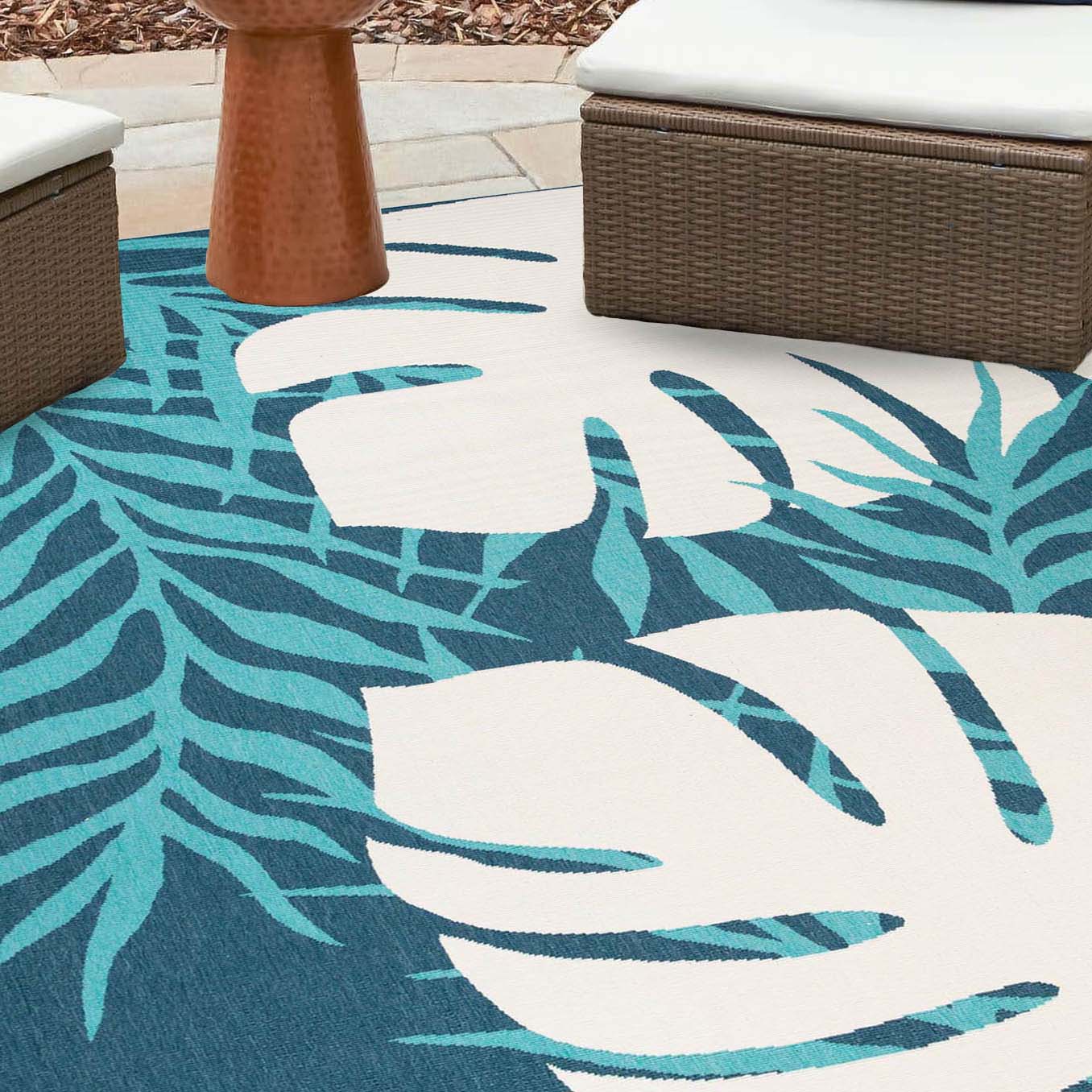 Waikiki Oversized Tropical Leaves Coastal Indoor Outdoor Area Rug - Perfect for Beach House, Boho Living Room, and Patio Decor