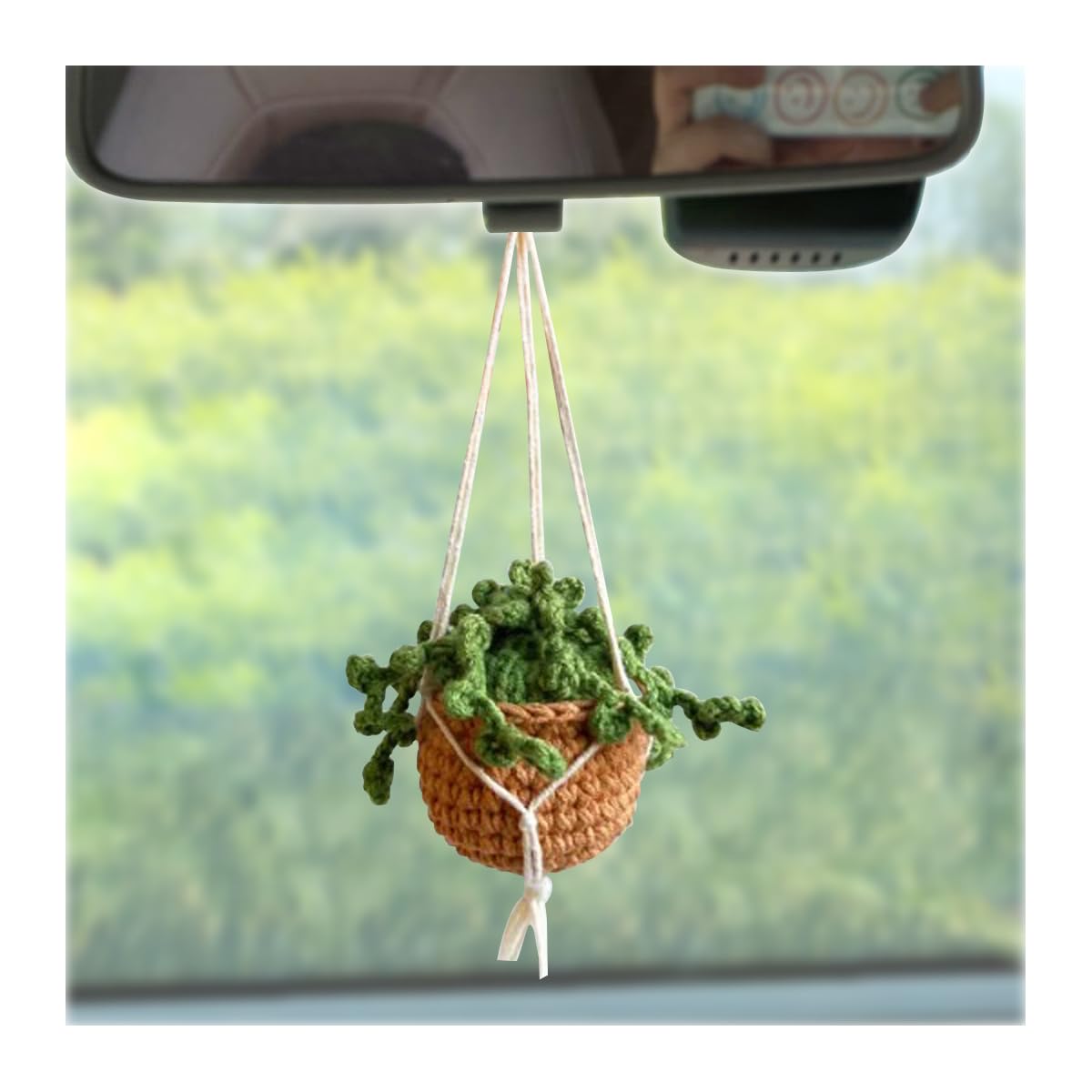 Crochet Potted Plant Hanging Car Rear View Mirror Decor - Handmade Knitted Charm Ornament for Women & Men - Aesthetic Car Accessories Interior (Coffee/Green) - Perfect for Road Trips & Daily Commute