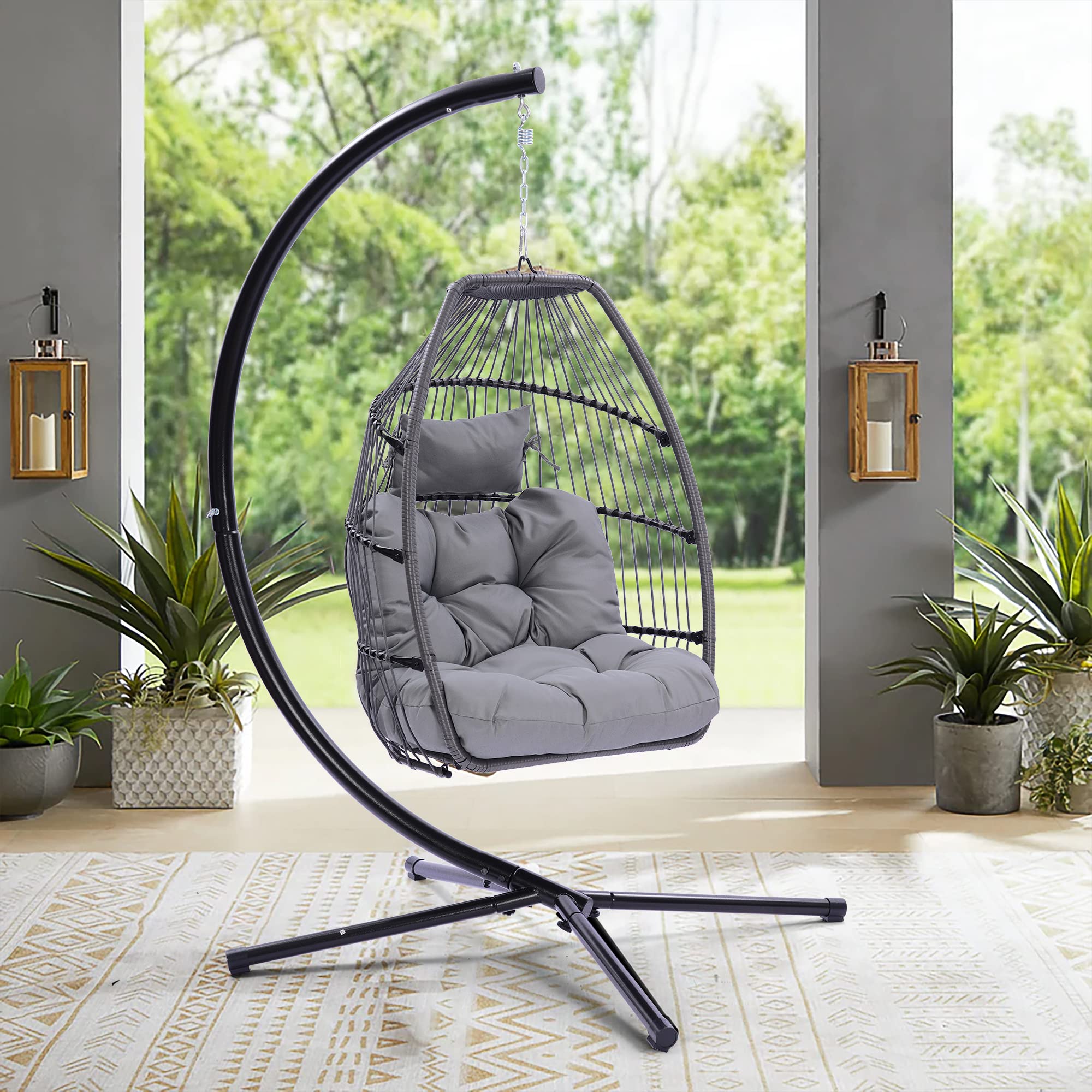 Outdoor Patio Wicker Folding Hanging Chair - Rattan Swing Hammock Egg Chair with C-Type Bracket, Cushion & Pillow - Grey Fabric & Black Wicker - Perfect for Backyard, Garden, Balcony Relaxation