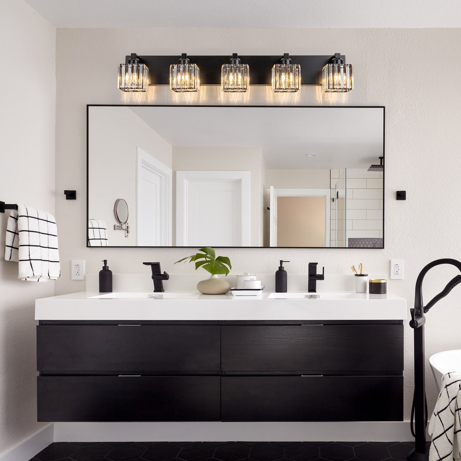 Glowlings 3/4/5 Light Modern Matte Black Square Crystal Bathroom Vanity Light Fixtures - Elegant Lighting for Bathroom Mirrors, Powder Rooms & Modern Home Decor