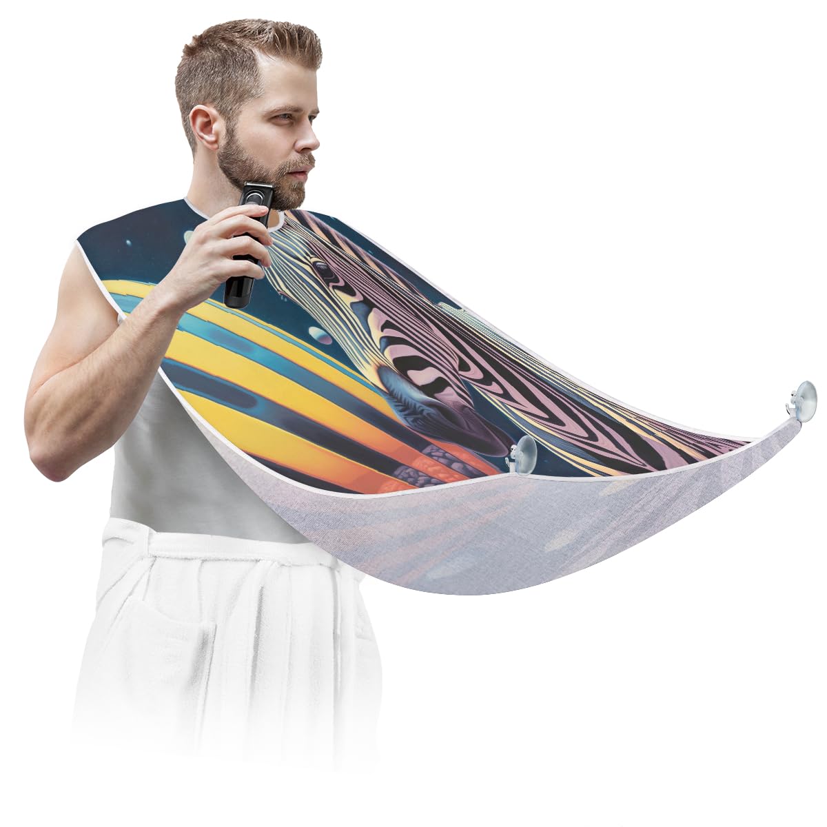Planet Zebra Print Beard Shaving Bib for Men - Waterproof Hair Dye Apron & Barber Cape for Haircut, Beard Trimming & Makeup - Sink Hair Catcher & Grooming Accessory - Perfect for Home Salon, Barber Shops & DIY Styling