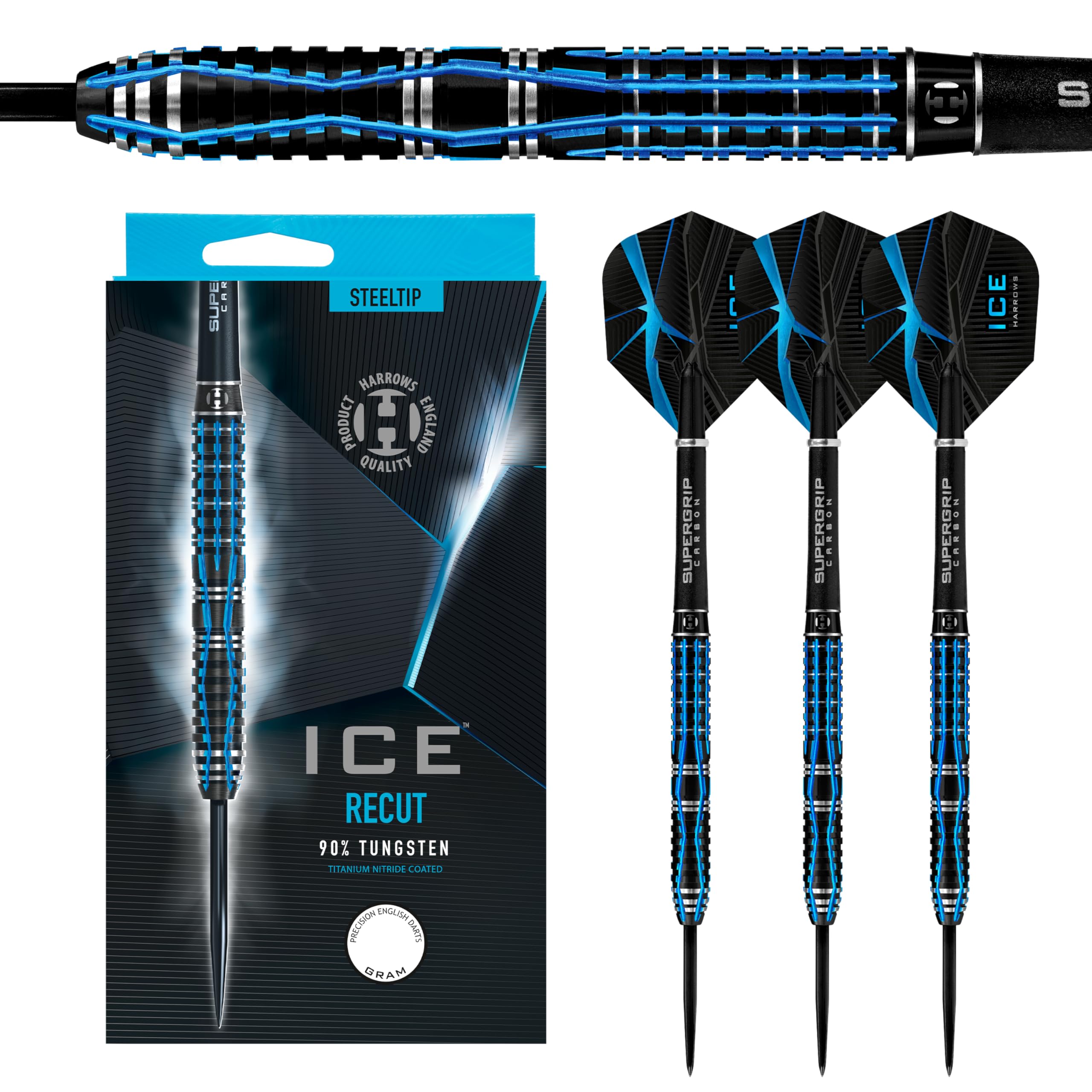 Harrows Ice Recut Steel Tip Dart Set – 90% Tungsten Darts with 3 Supergrip Carbon Midi Shafts & 3 Ice Flights | Professional Darts for Tournaments, Bars & Home Practice
