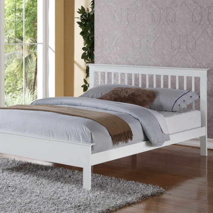 Peta Bed Frame - White Finish Queen Size | Modern Platform Bed with Sturdy Wooden Slats | Perfect for Bedrooms, Guest Rooms & Apartments