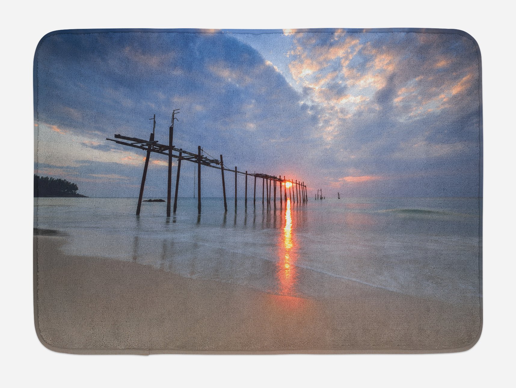 Ambesonne Non-Slip Plush Bath Mat - Thailand Sunset Beach Landscape with Sunbeams & Old Bridge, 30.2