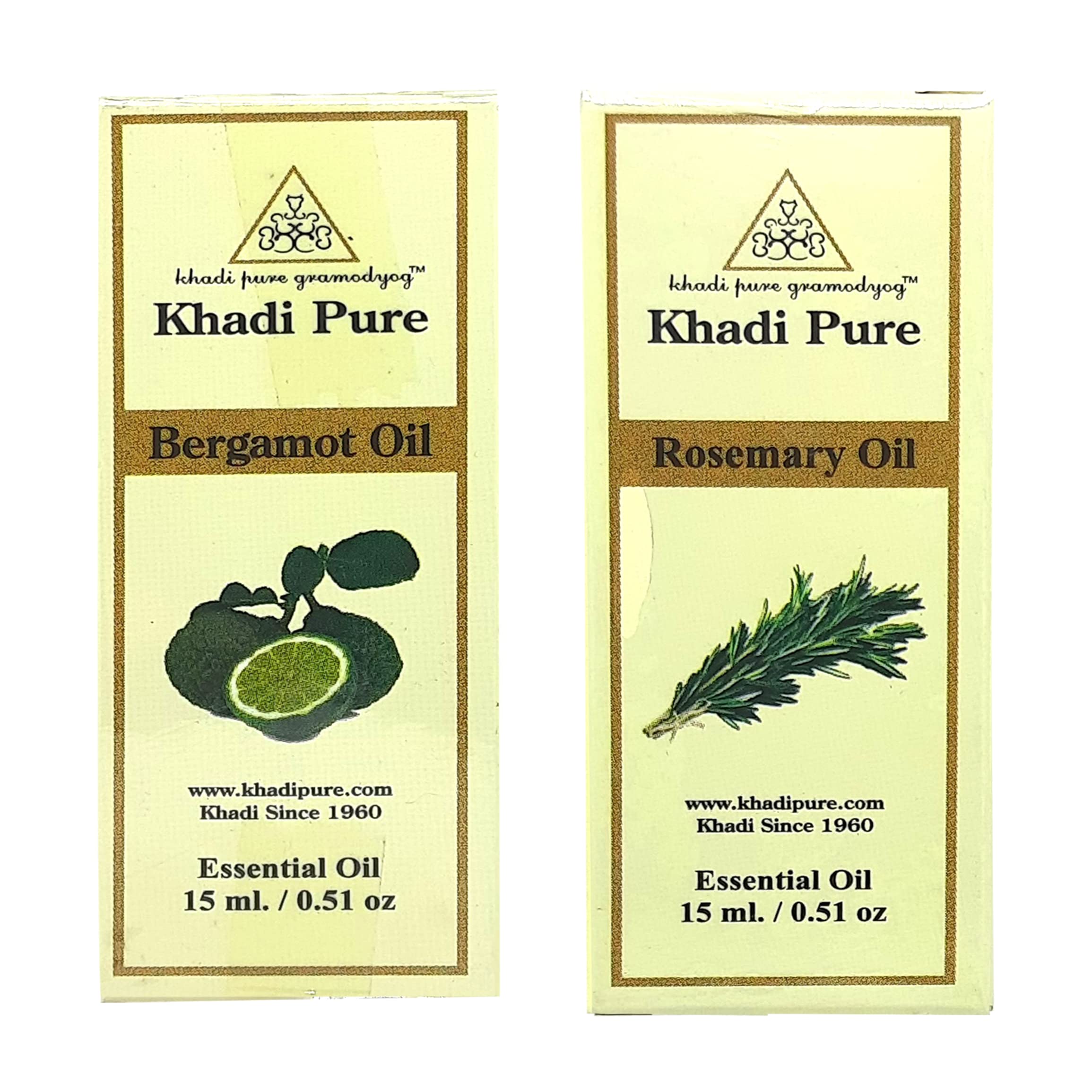 Khadi Pure Bergamot & Rosemary Essential Oil - 15ml (Pack of 2) for Aromatherapy, Massage & Relaxation - 100% Natural Therapeutic Grade Essential Oils for Diffusers, Skincare & Home Fragrance
