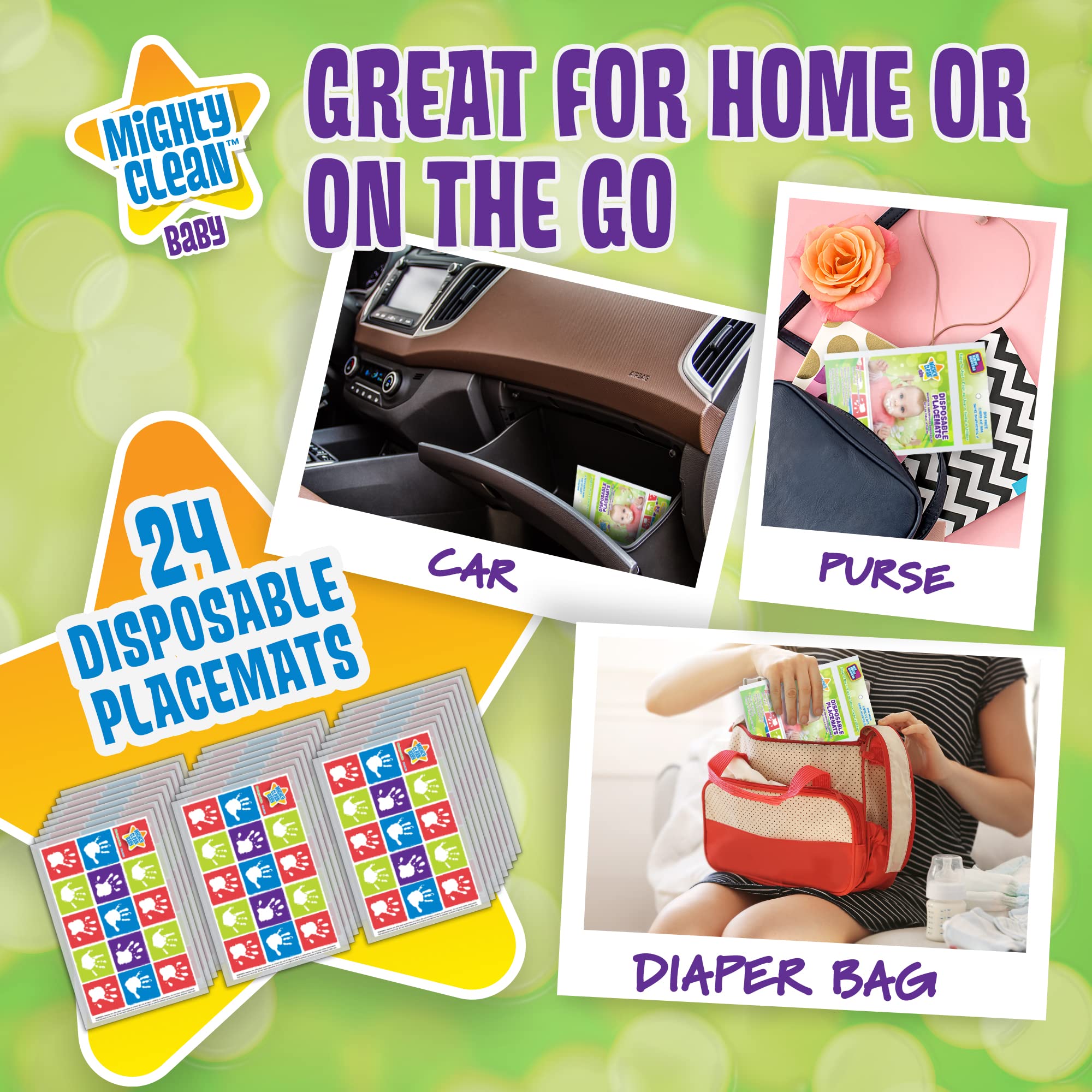 Mighty Clean Disposable Baby Placemats - 24 Pack (6 x 4 Placemats) for Travel, Restaurants & High Chair Use - BPA Free, Waterproof & Adhesive Table Mats for Toddlers